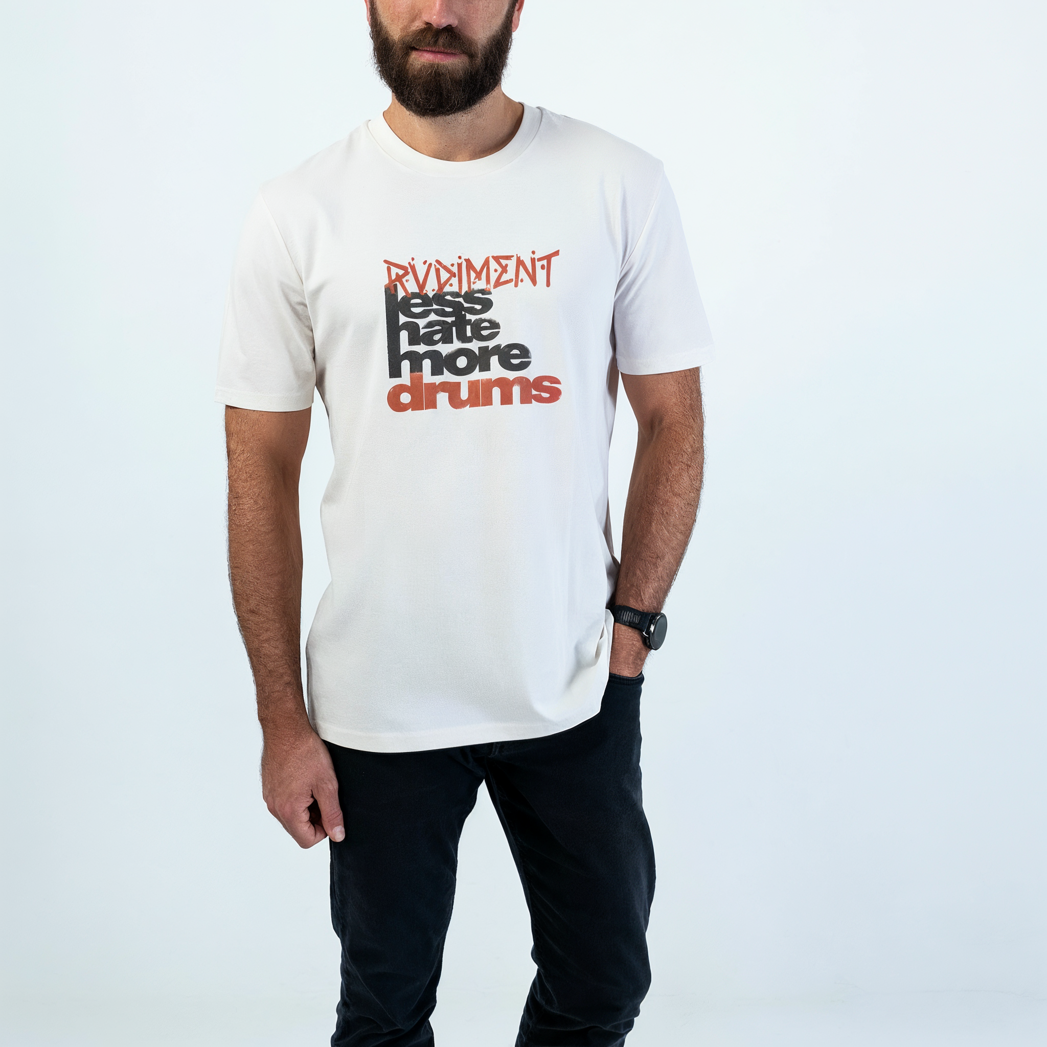 Less Hate More Drums Unisex T-Shirt for Drummers - Model Front View | RVDIMENT Drummer Apparel