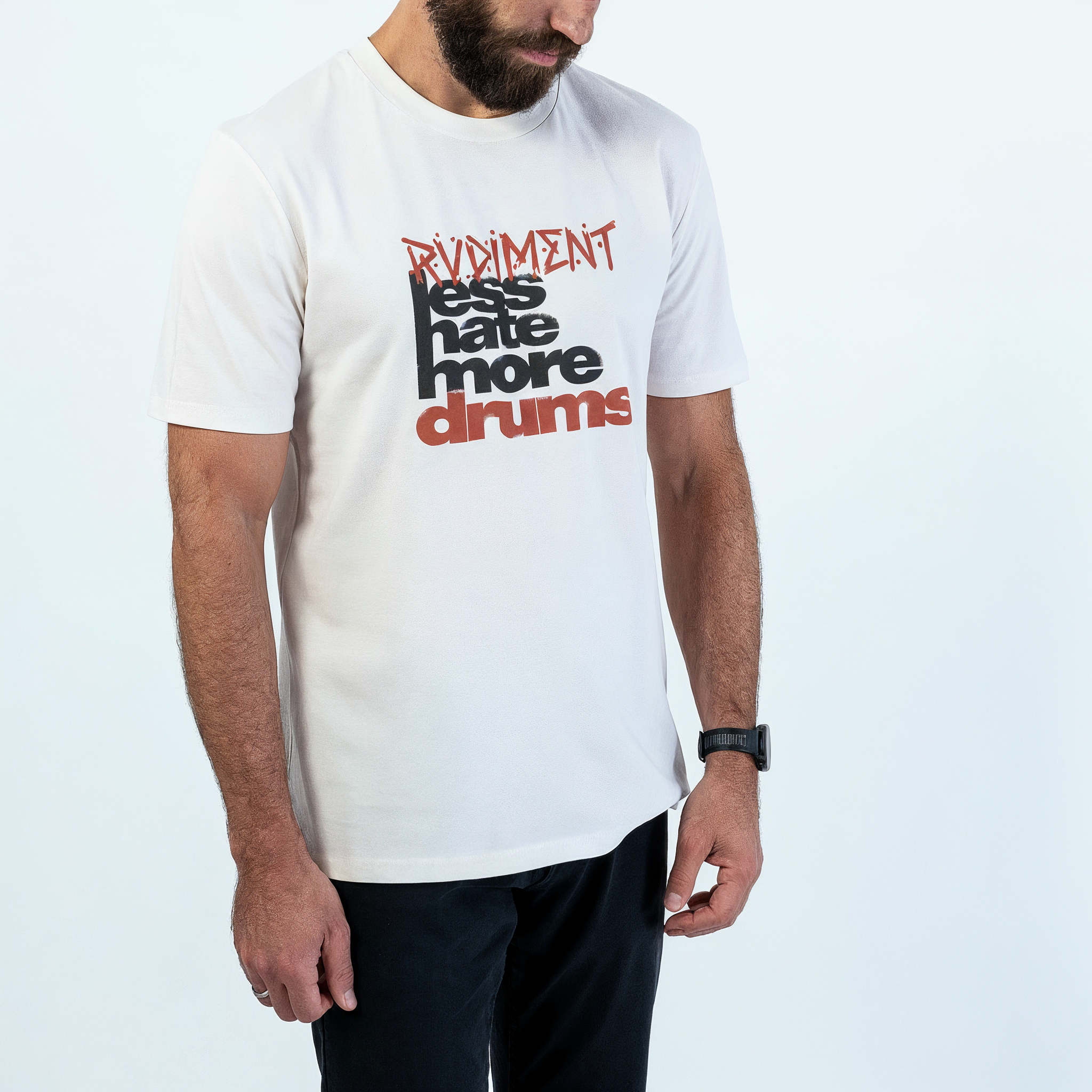 Less Hate More Drums Unisex T-Shirt for Drummers - Model Front View Close-Up | RVDIMENT Drummer Apparel