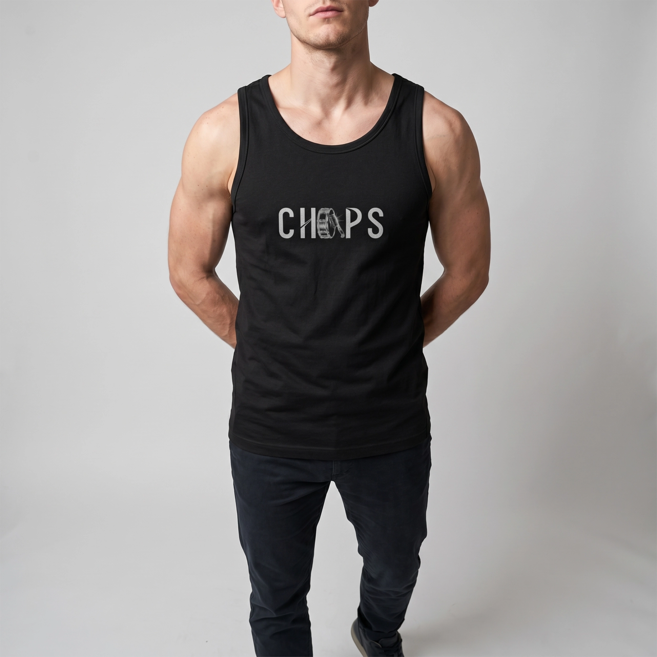 Chops Men's Tank Top Black for Drummers - Model Front View | RVDIMENT Drummer Apparel