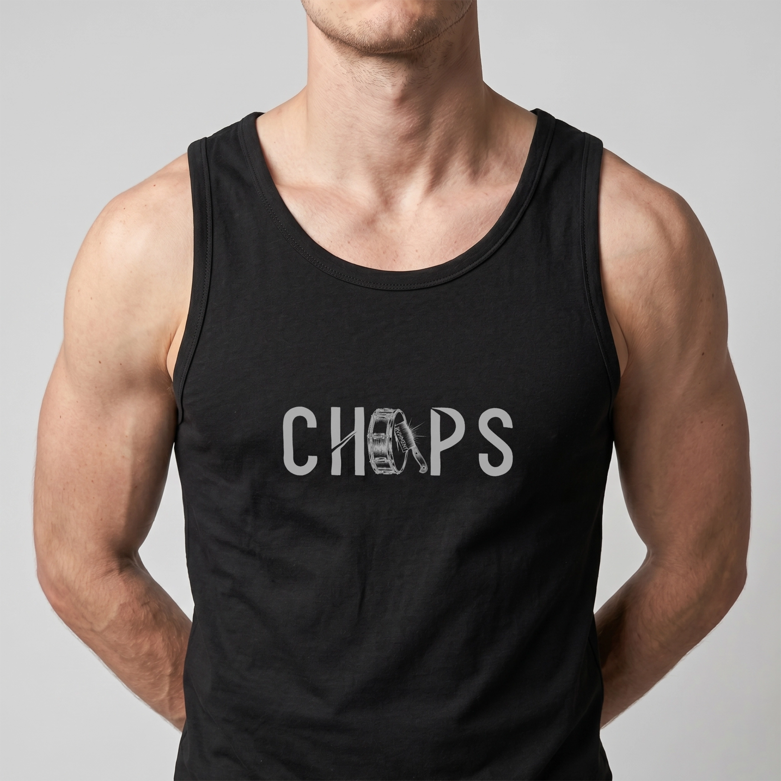 Chops Men's Tank Top Black for Drummers - Model Front View Close-Up | RVDIMENT Drummer Apparel