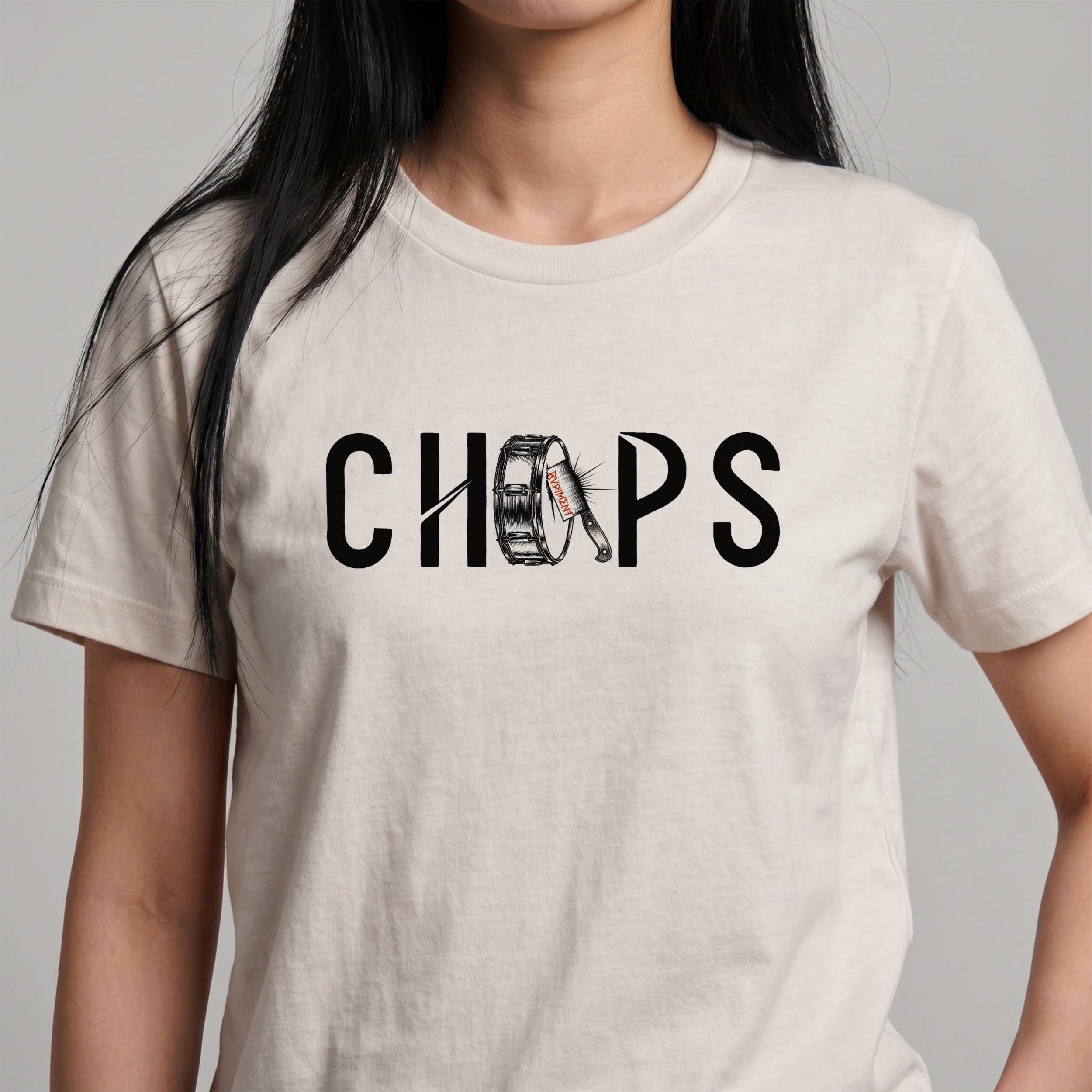 Chops Unisex T-Shirt Vintage White for Drummers - Model Front View Close-Up | RVDIMENT Drummer Apparel