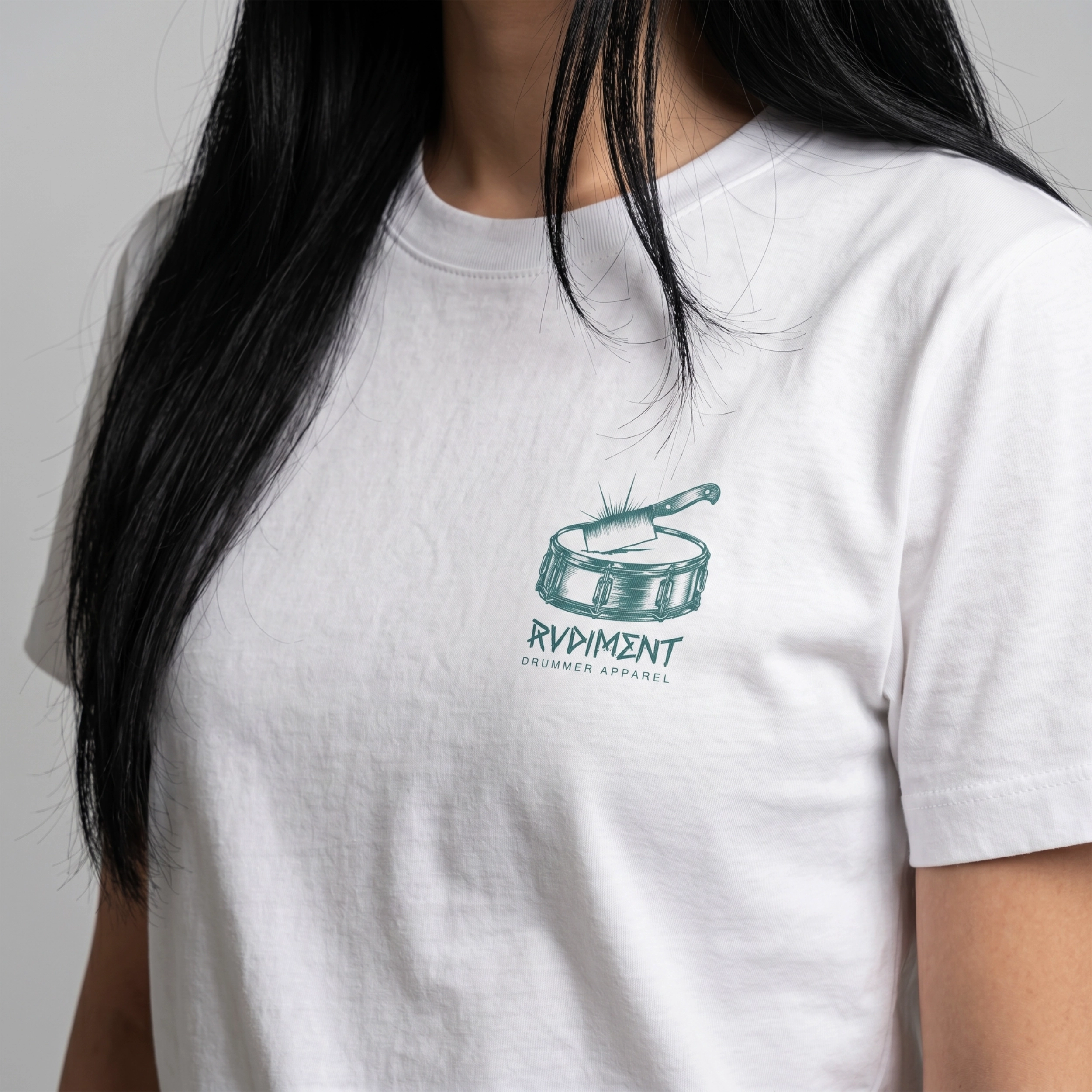 Chops Unisex T-Shirt White for Drummers - Model Front View Close-Up | RVDIMENT Drummer Apparel