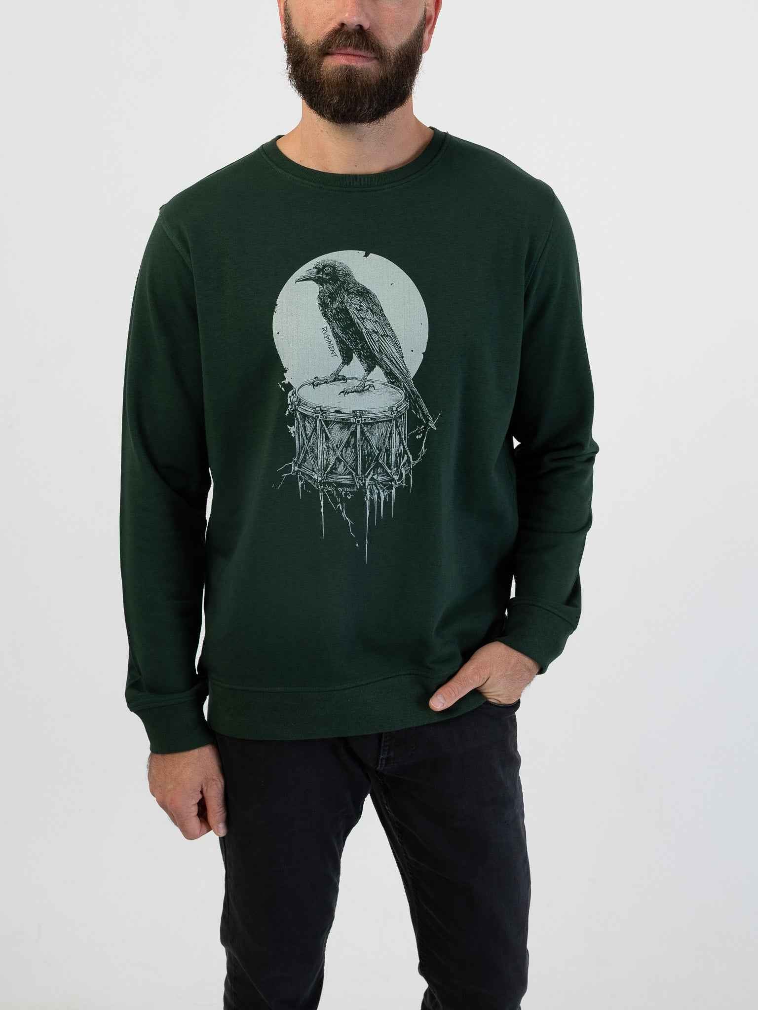Crow Snare Drum Men's Sweatshirt for Drummers - Model Front View | RVDIMENT Drummer Apparel