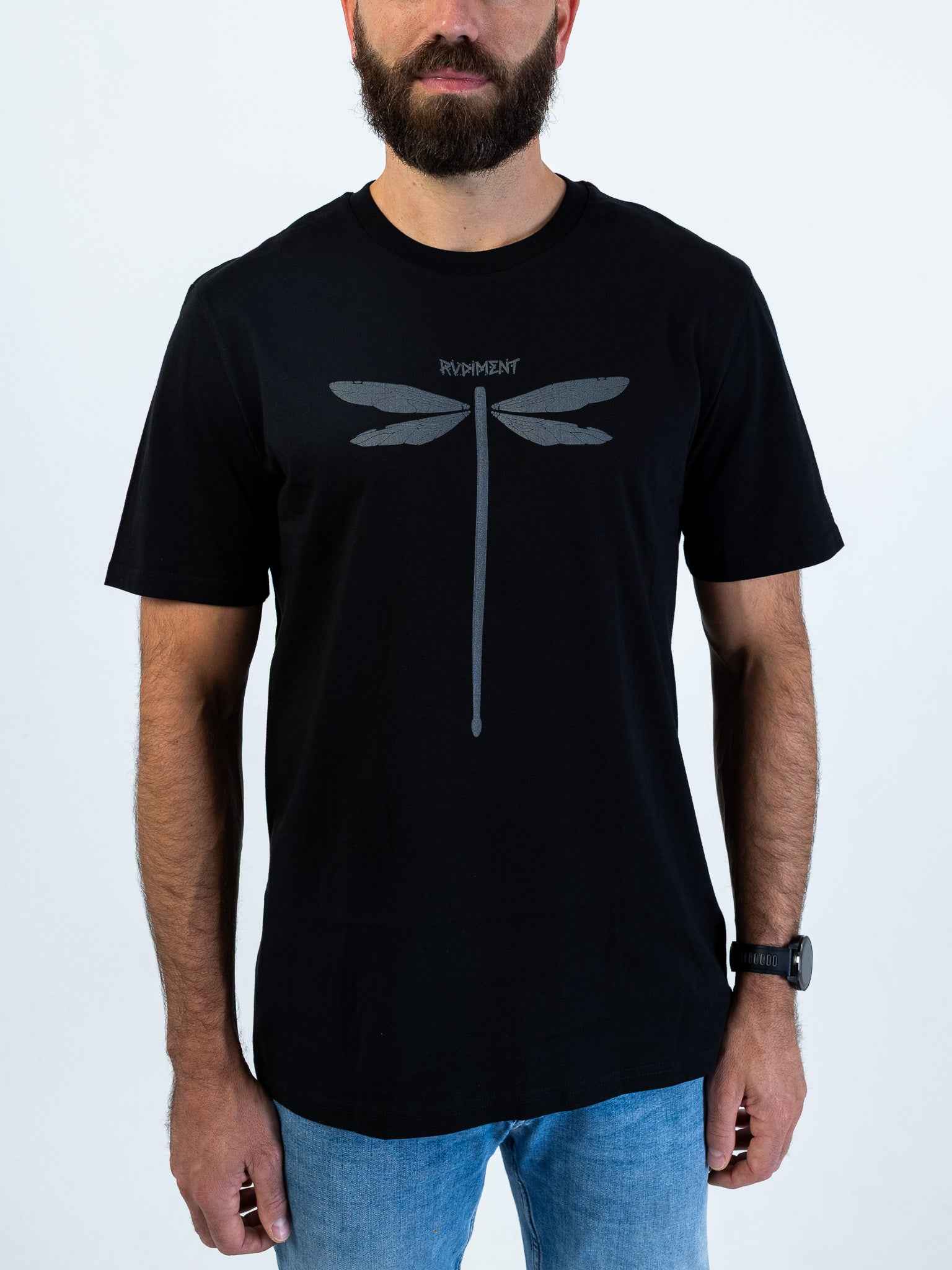Dragonvly Drumstick Unisex T-Shirt for Drummers - Model Front View Close-Up | RVDIMENT Drummer Apparel