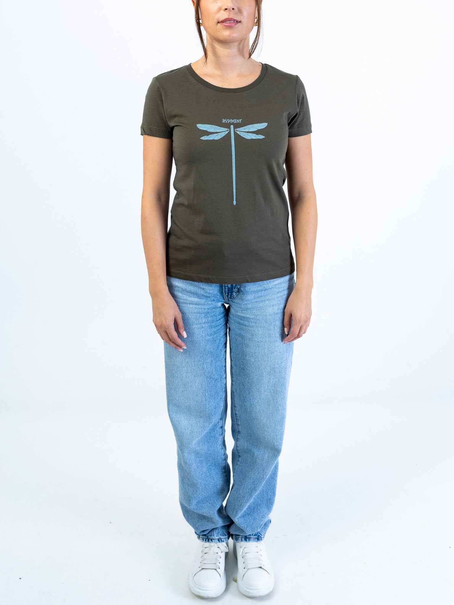 Dragonvly Drumstick Women's T-Shirt for Drummers - Model Front View | RVDIMENT Drummer Apparel