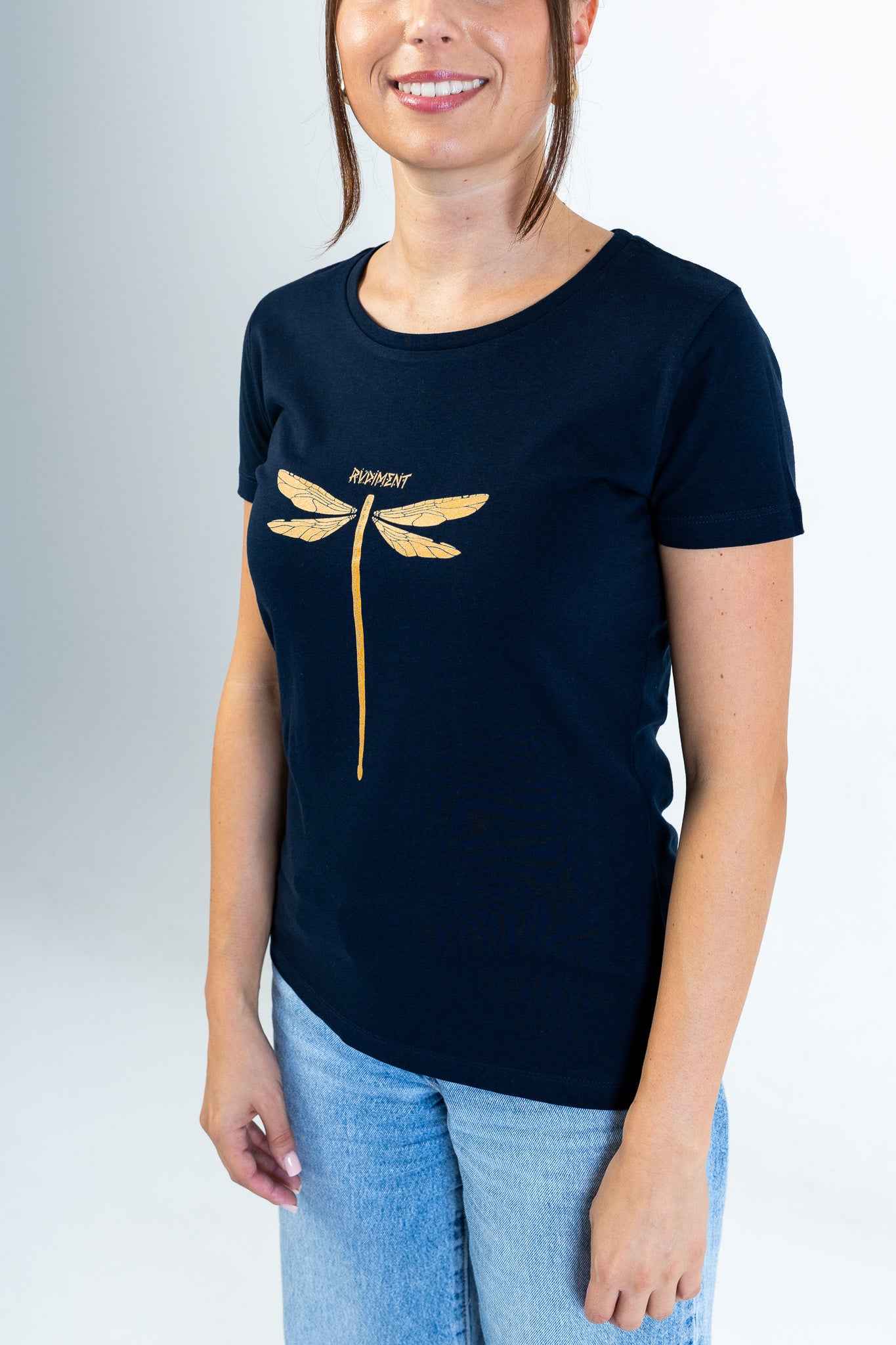 Dragonvly Drumstick Women's T-Shirt for Drummers - Model Right Side View | RVDIMENT Drummer Apparel