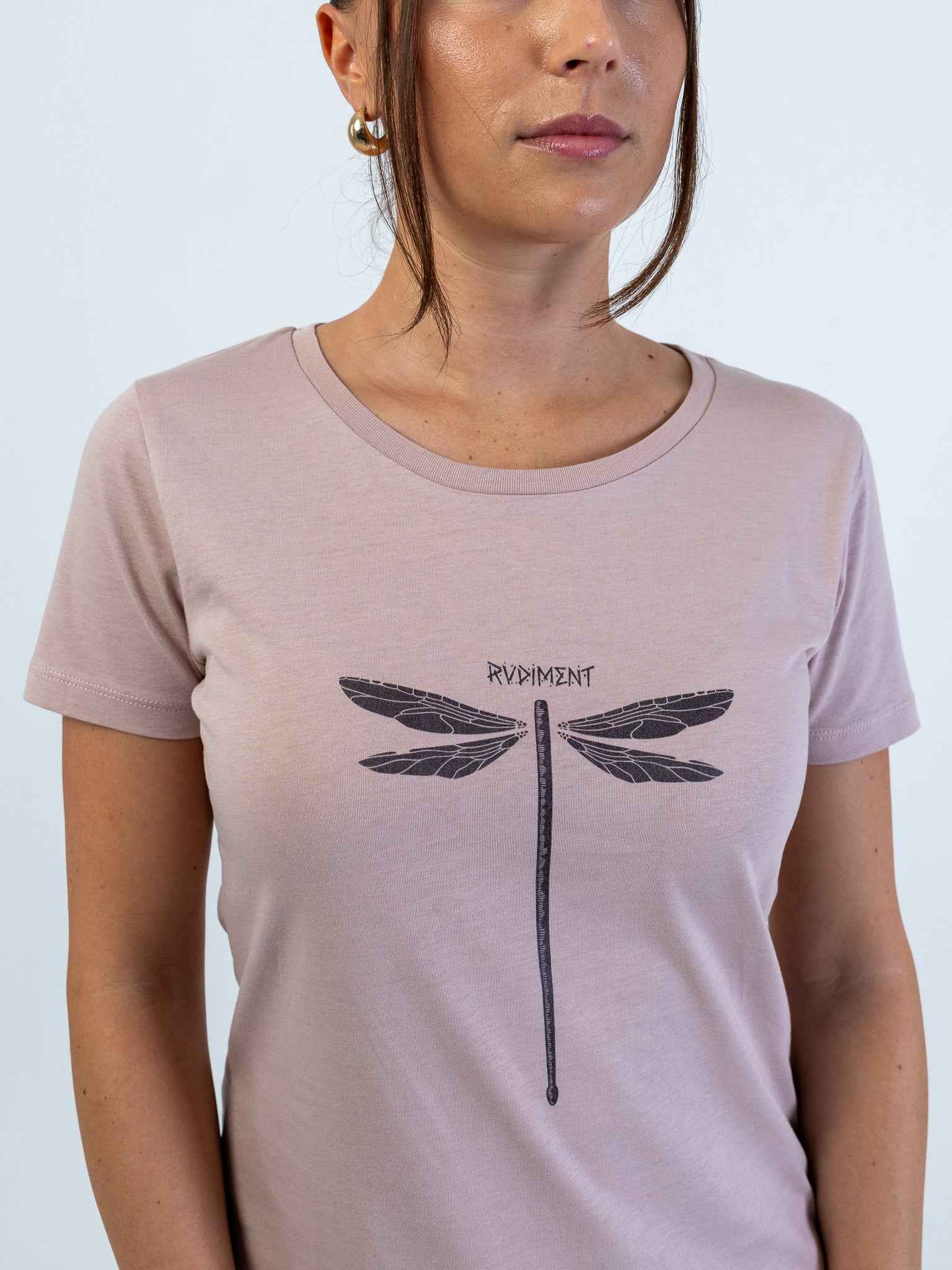 Dragonvly Drumstick Women's T-Shirt for Drummers - Model Front View Close-Up | RVDIMENT Drummer Apparel