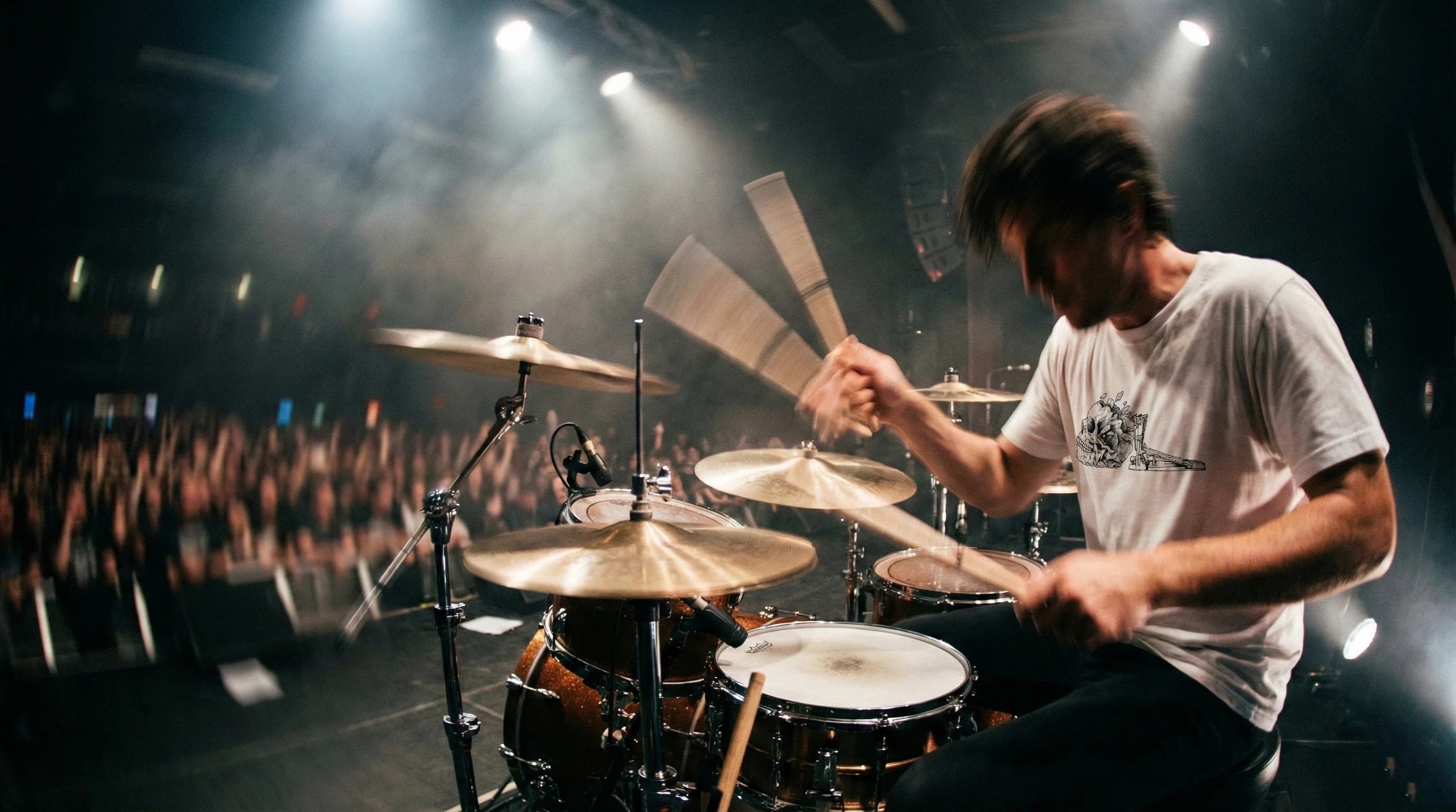 Rvdiment drummer apparel Hero - drummer playing drums and wearing a Rvdiment T-Shirt
