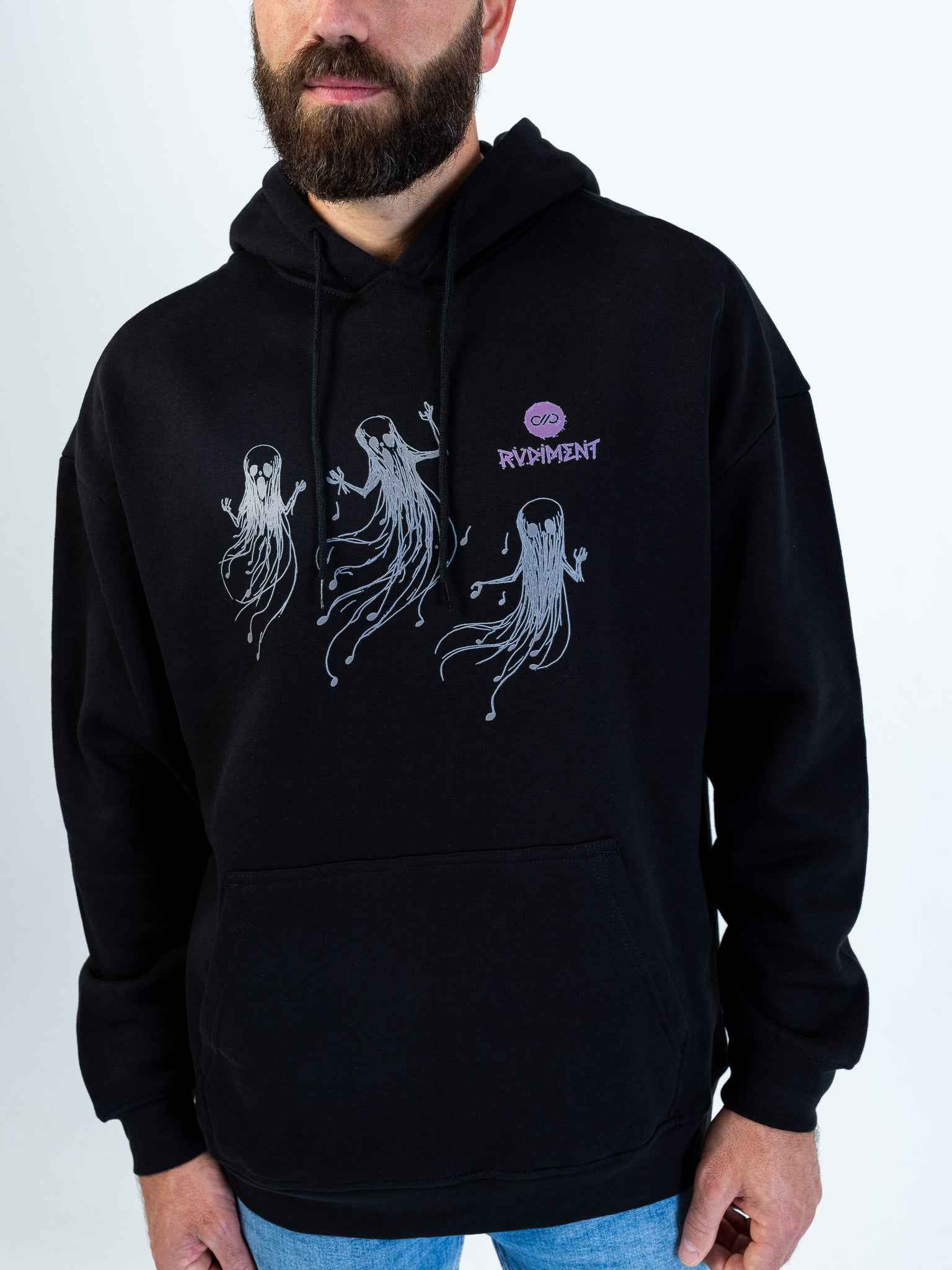 Ghost Notes Hoodie for Drummers - Oversized Unisex Fit - Model Front View Close-Up | RVDIMENT Drummer Apparel