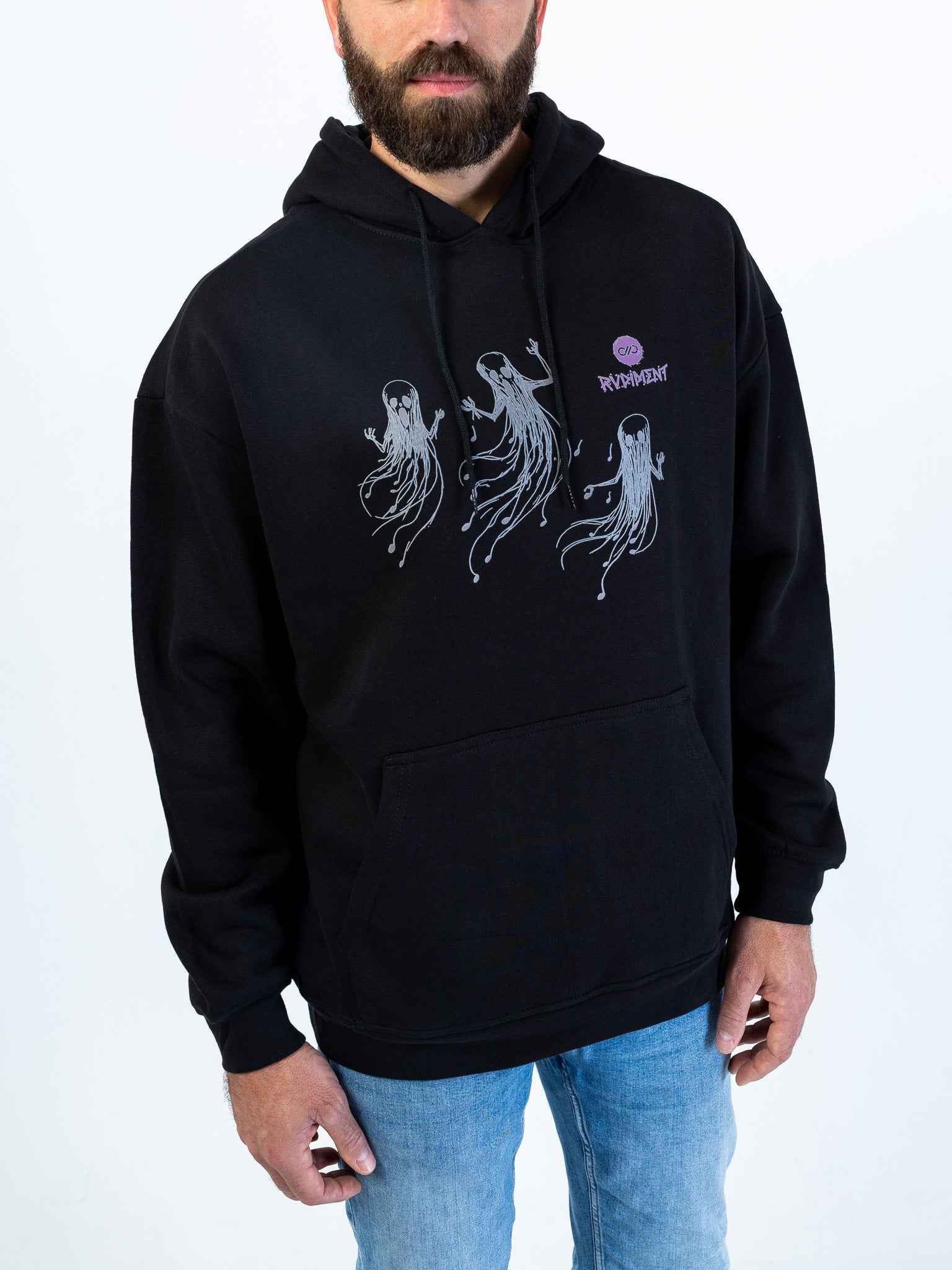 Ghost Notes Hoodie for Drummers - Oversized Unisex Fit - Model Side View | RVDIMENT Drummer Apparel
