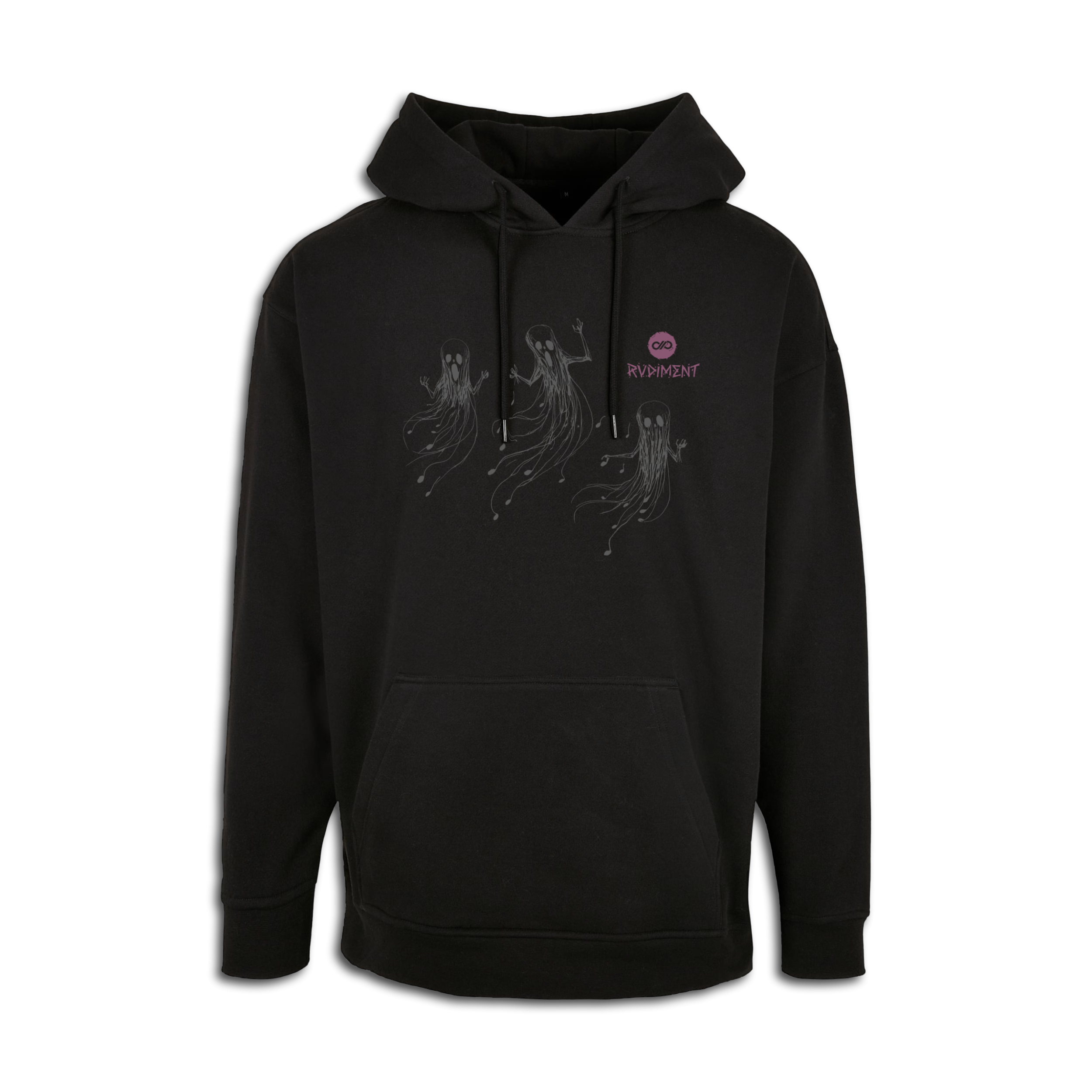 Ghost Notes Hoodie for Drummers - Oversized Unisex Fit - Front View | RVDIMENT Drummer Apparel