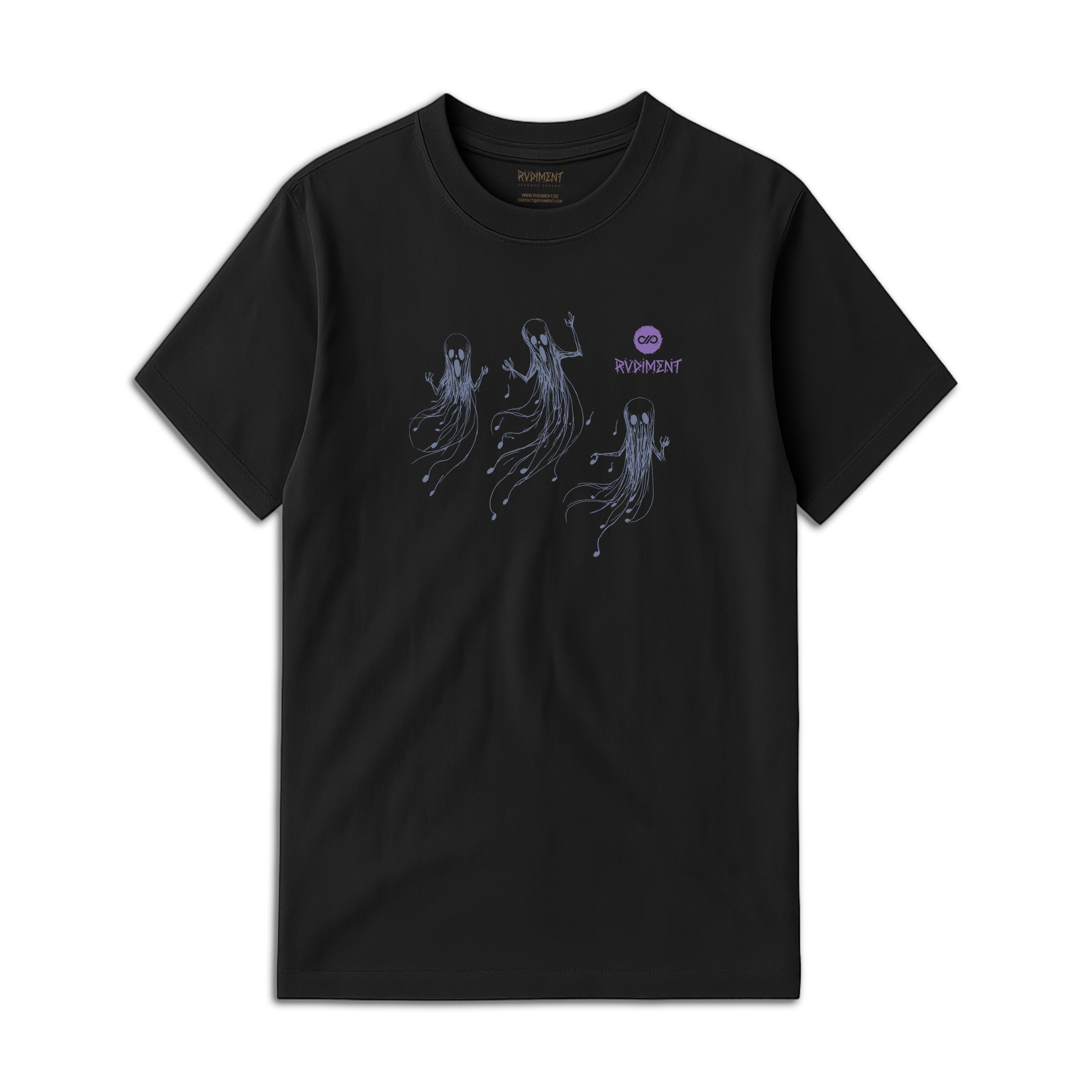Ghost Notes Unisex T-Shirt for Drummers - Front View | RVDIMENT Drummer Apparel