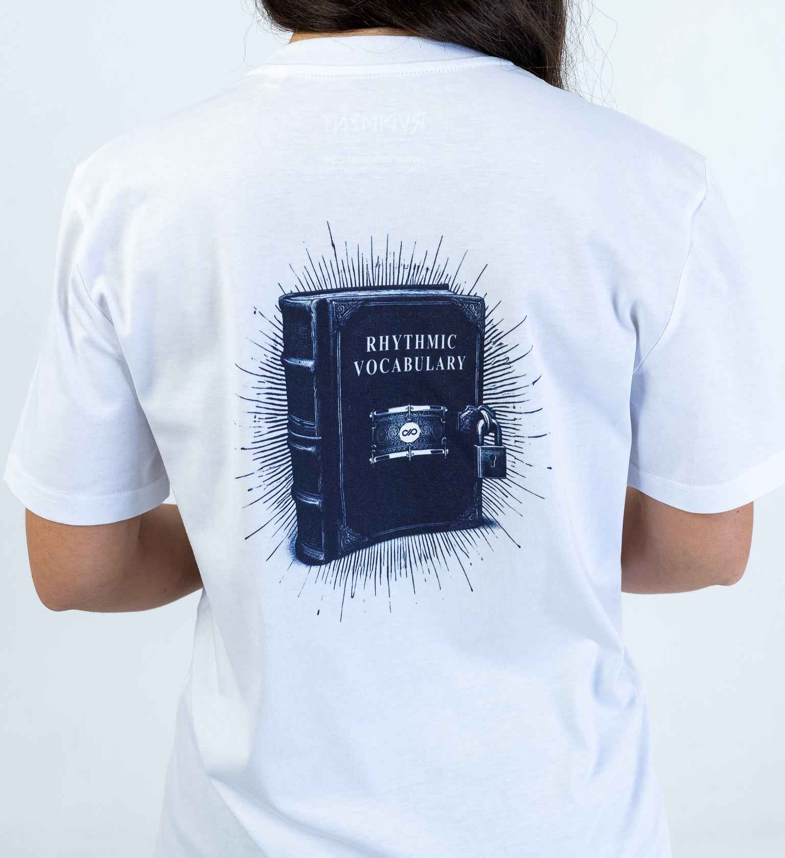 Rhythmic Vocabulary Unisex T-Shirt for Drummers - Model Back View | RVDIMENT Drummer Apparel