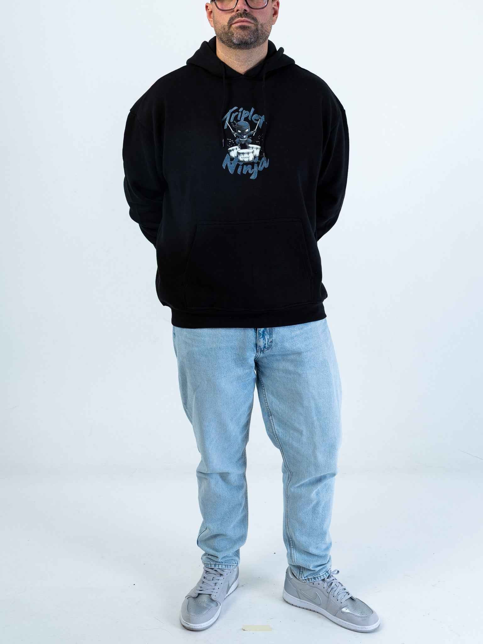Triplet Ninja Hoodie for Drummers - Oversized Unisex Fit - Model Front View | RVDIMENT Drummer Apparel