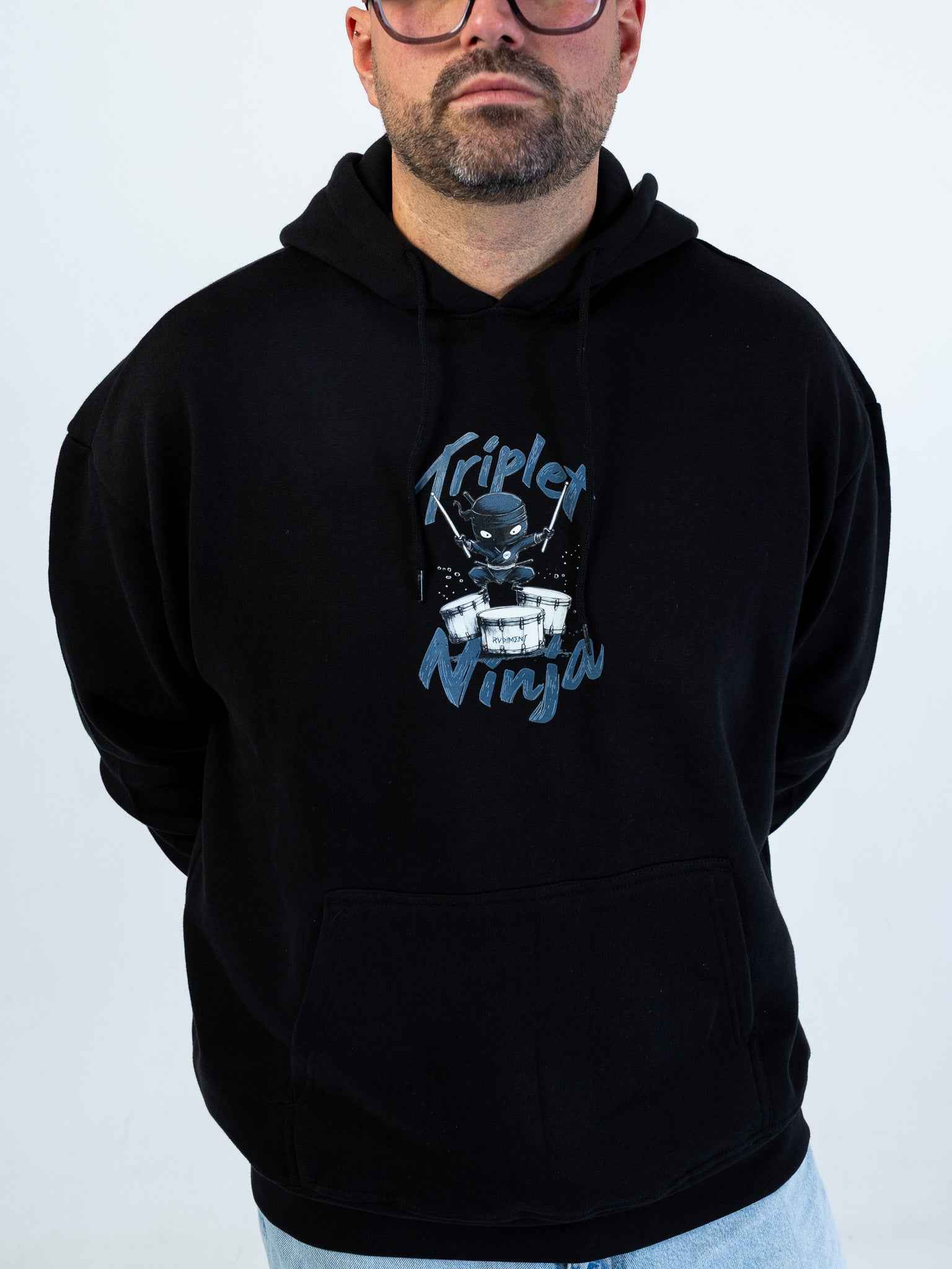 Triplet Ninja Hoodie for Drummers - Oversized Unisex Fit - Model Close-Up | RVDIMENT Drummer Apparel