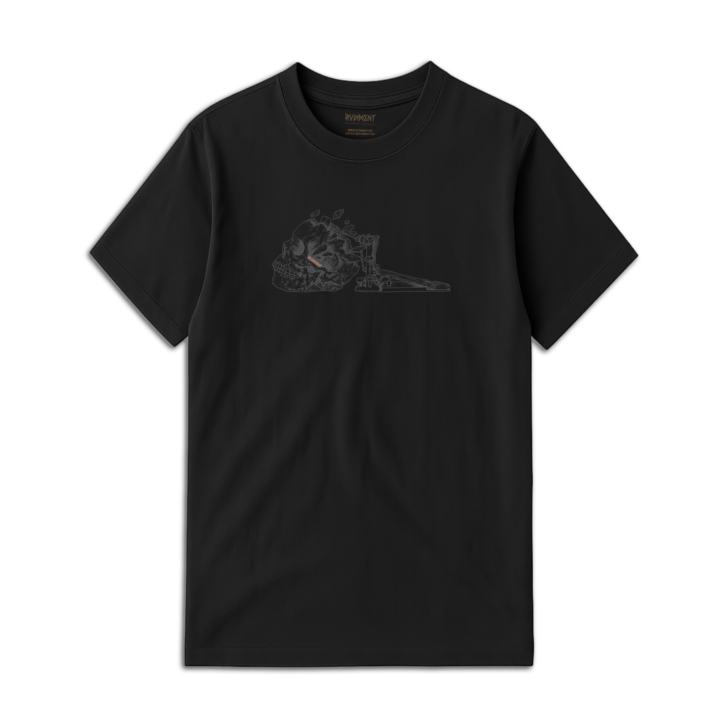 Kick Drum Skull Unisex T-Shirt for Drummers - Front View | RVDIMENT Drummer Apparel