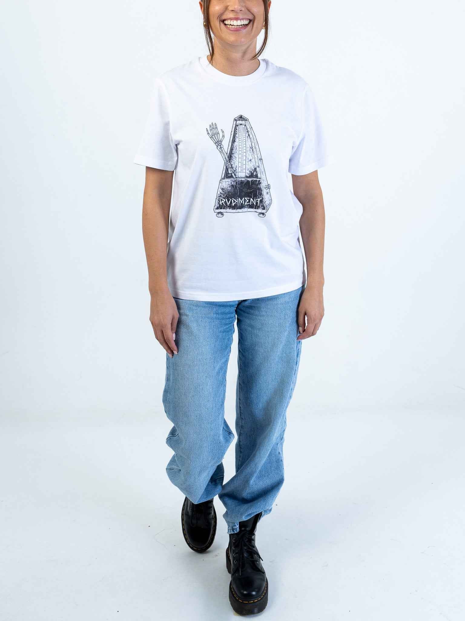 Metronome Unisex T-Shirt for Drummers - Model Front View | RVDIMENT Drummer Apparel
