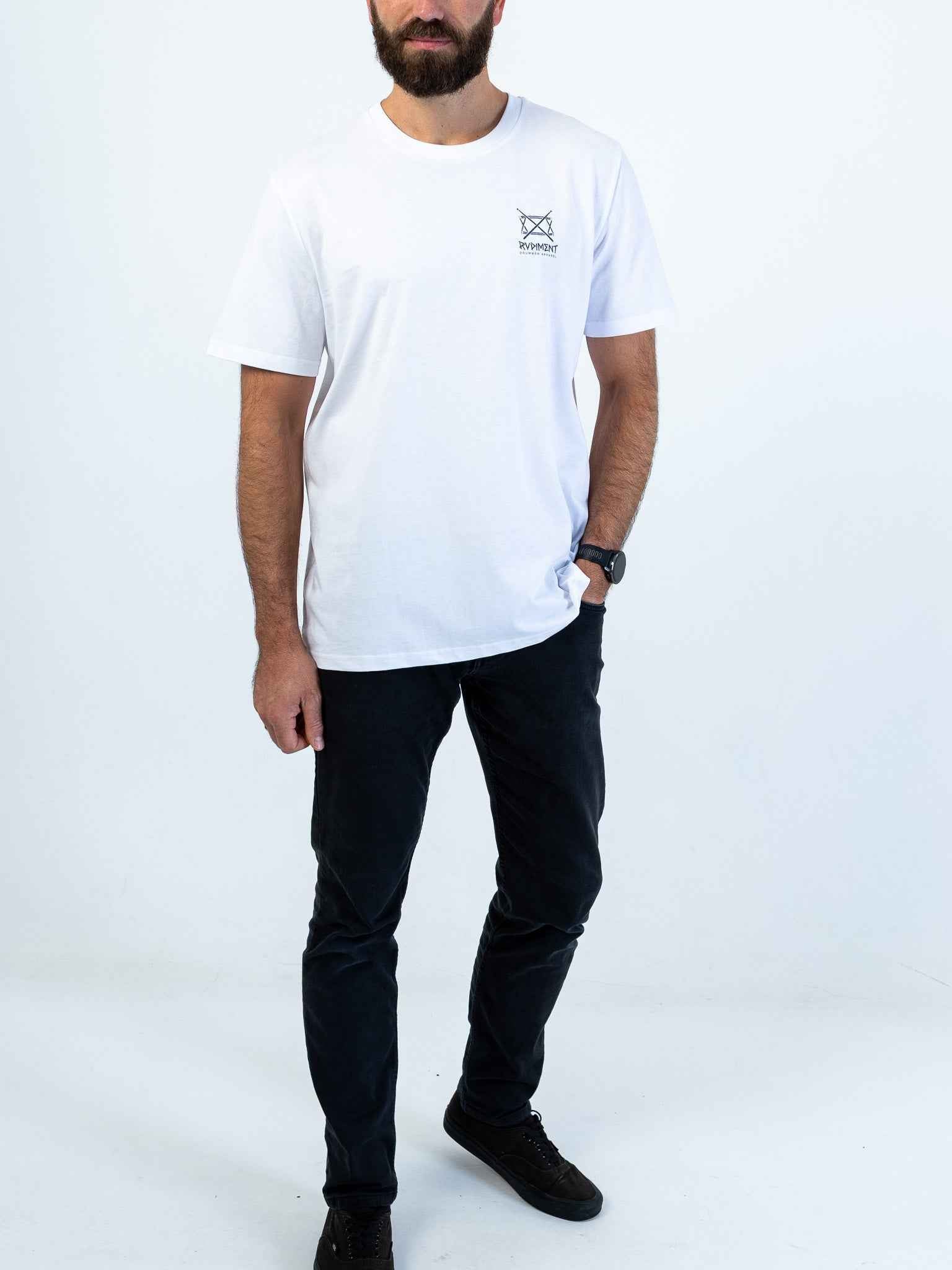 Snare Drum Logo Unisex T-Shirt for Drummers - Model Front View | RVDIMENT Drummer Apparel