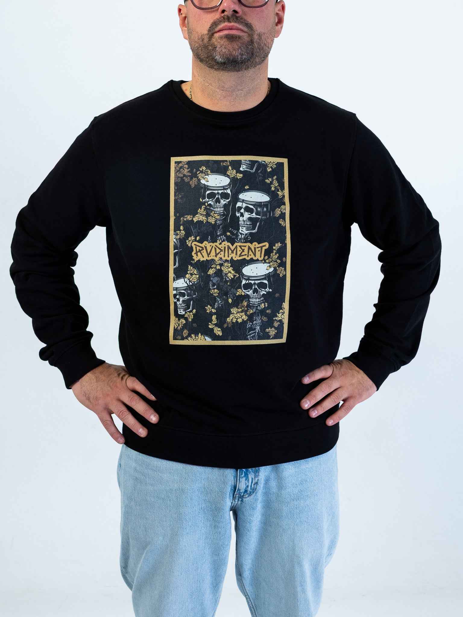 Snare Drum Skull Men's Sweatshirt for Drummers - Model Front View | RVDIMENT Drummer Apparel