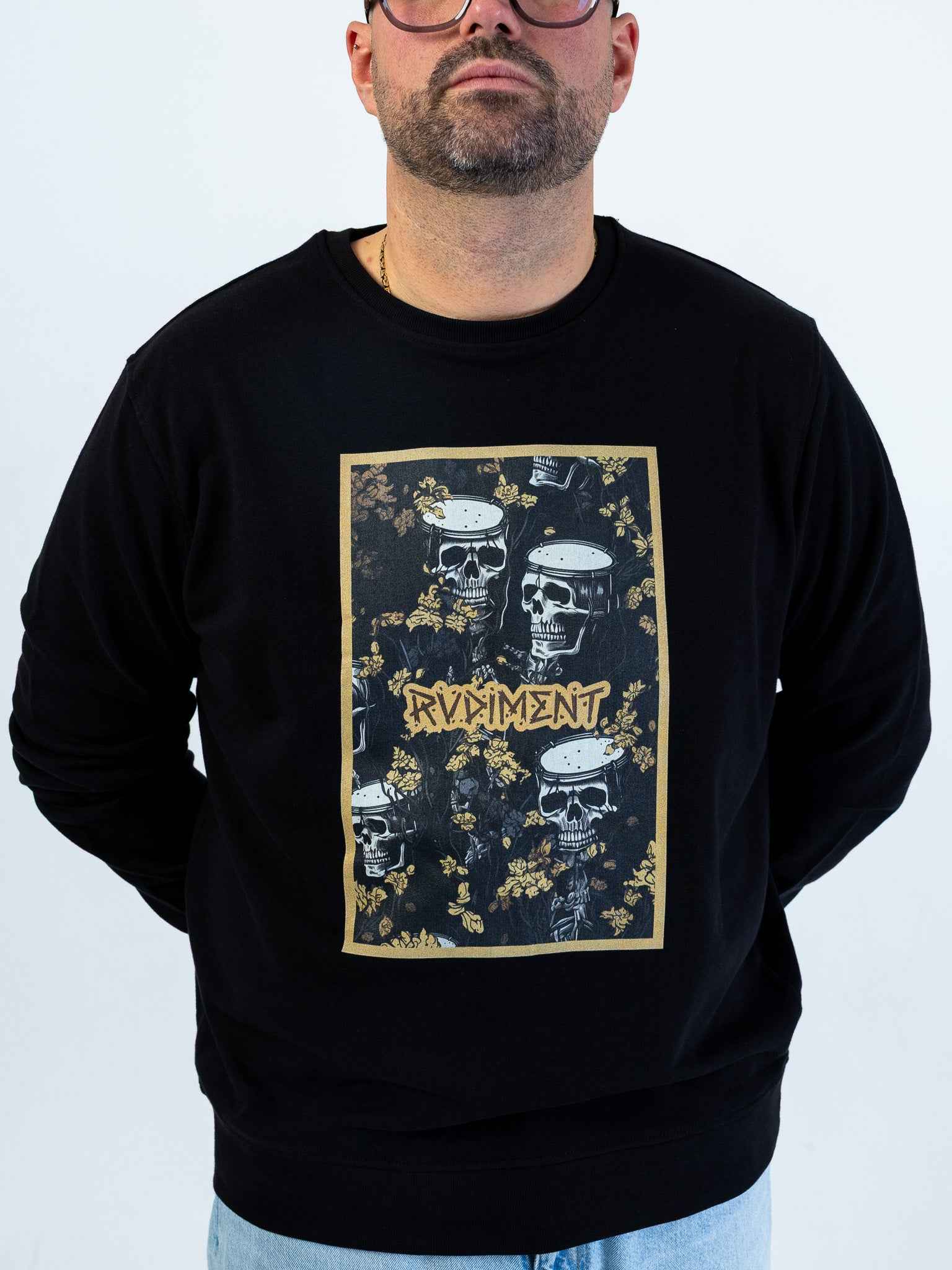Snare Drum Skull Men's Sweatshirt for Drummers - Model Front View Close-Up | RVDIMENT Drummer Apparel