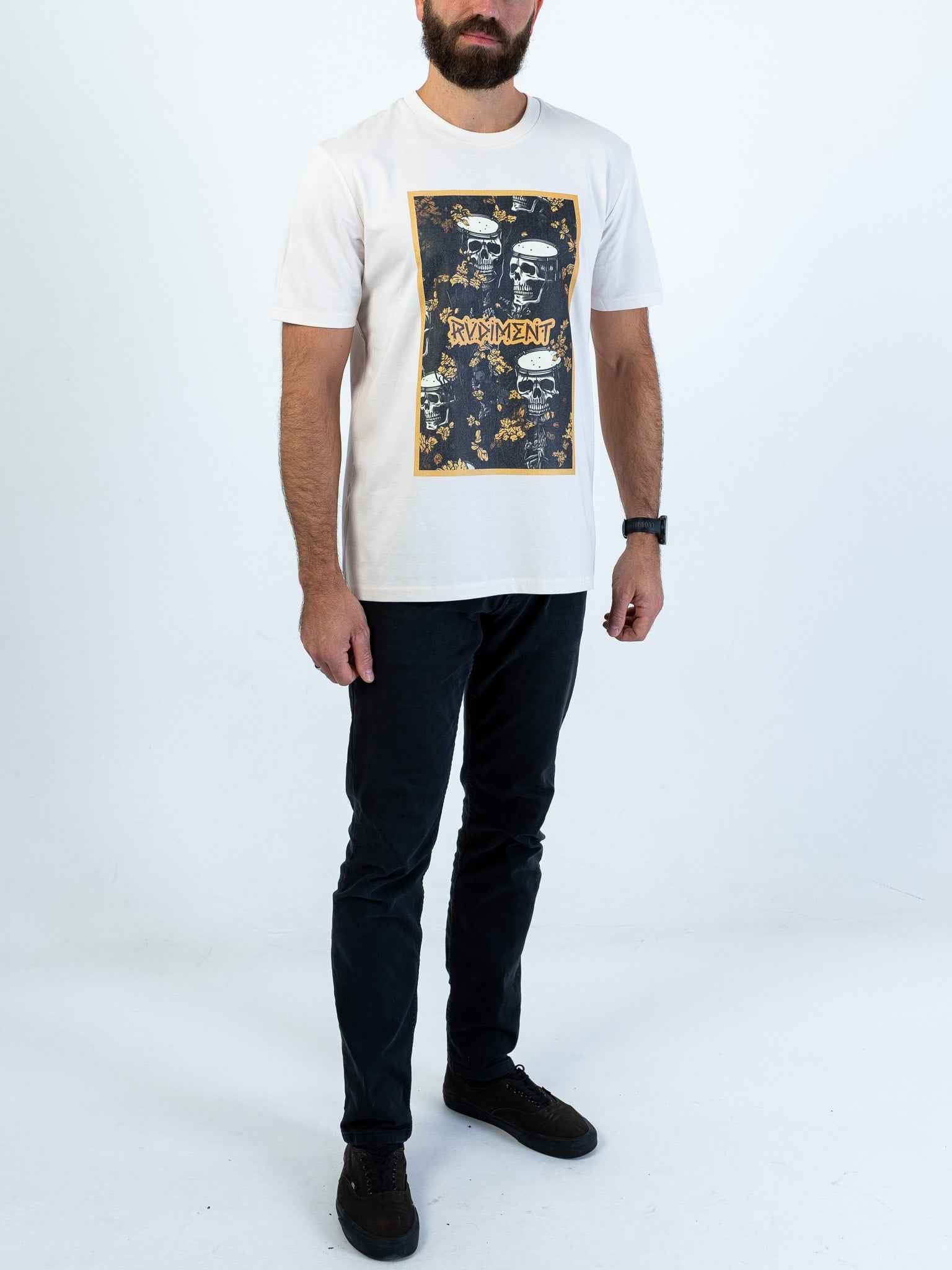 Snare Drum Skull Unisex T-Shirt for Drummers - Model Front View | RVDIMENT Drummer Apparel