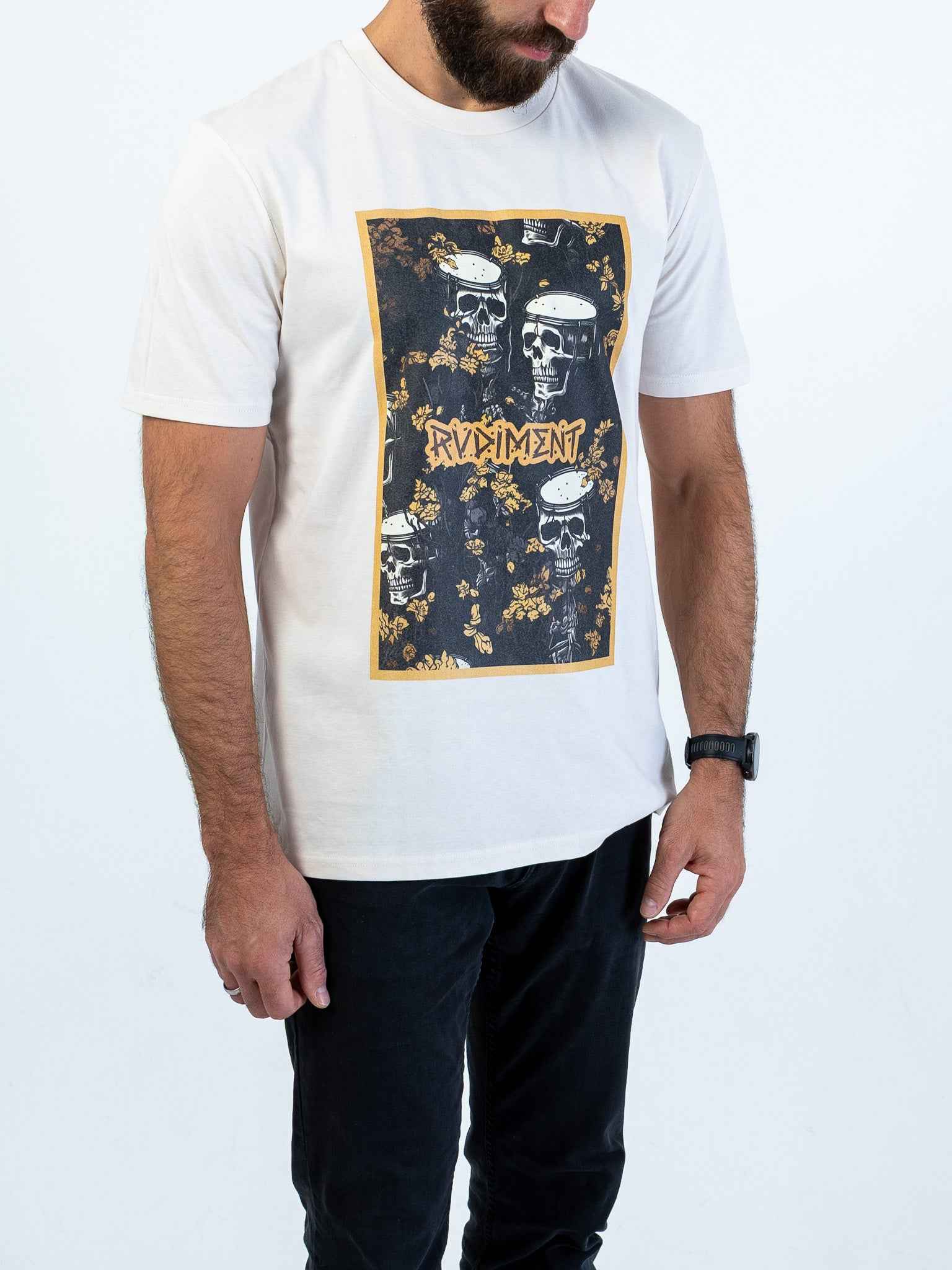 Snare Drum Skull Unisex T-Shirt for Drummers - Model Front View Close-Up | RVDIMENT Drummer Apparel