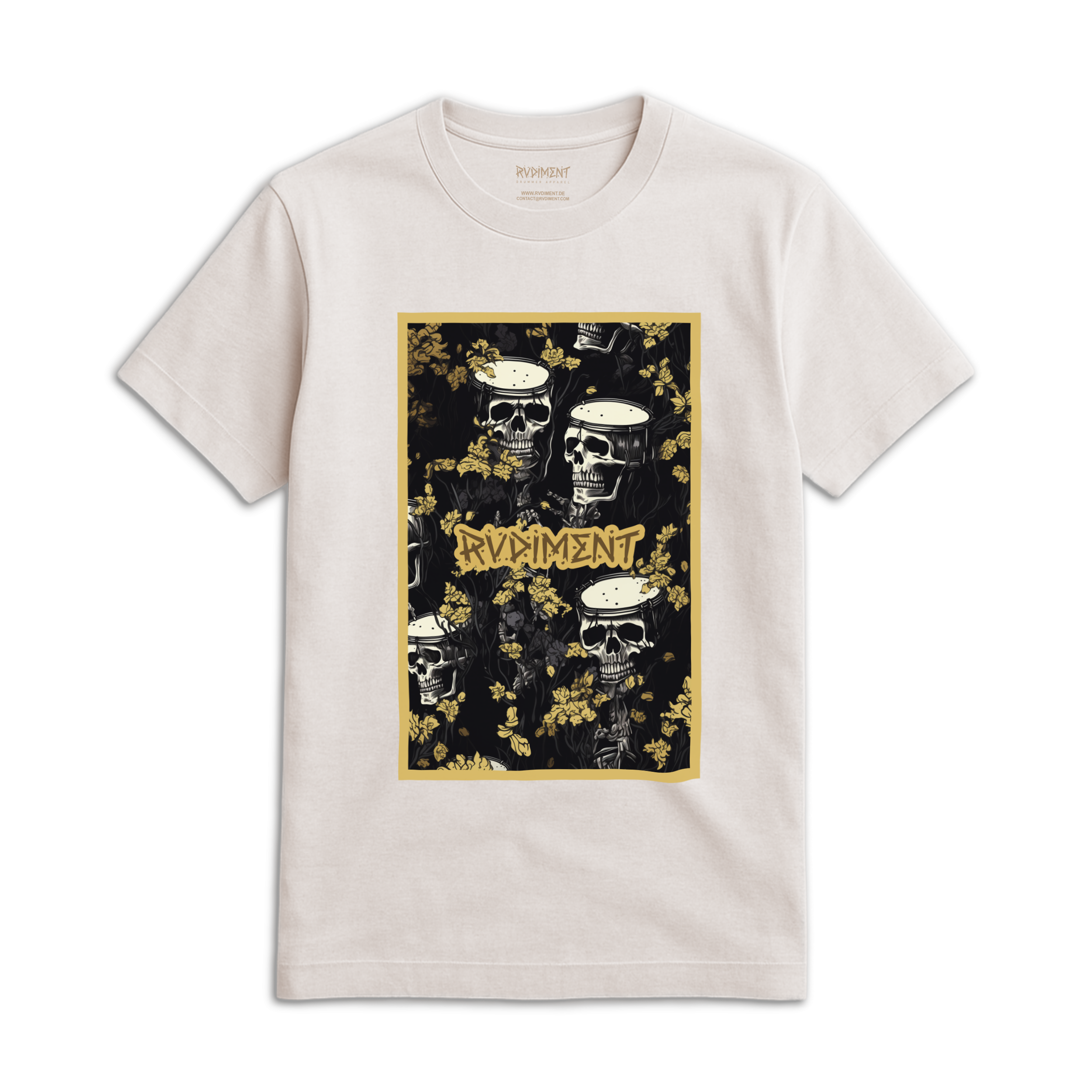Snare Drum Skull Unisex T-Shirt for Drummers - Front View | RVDIMENT Drummer Apparel
