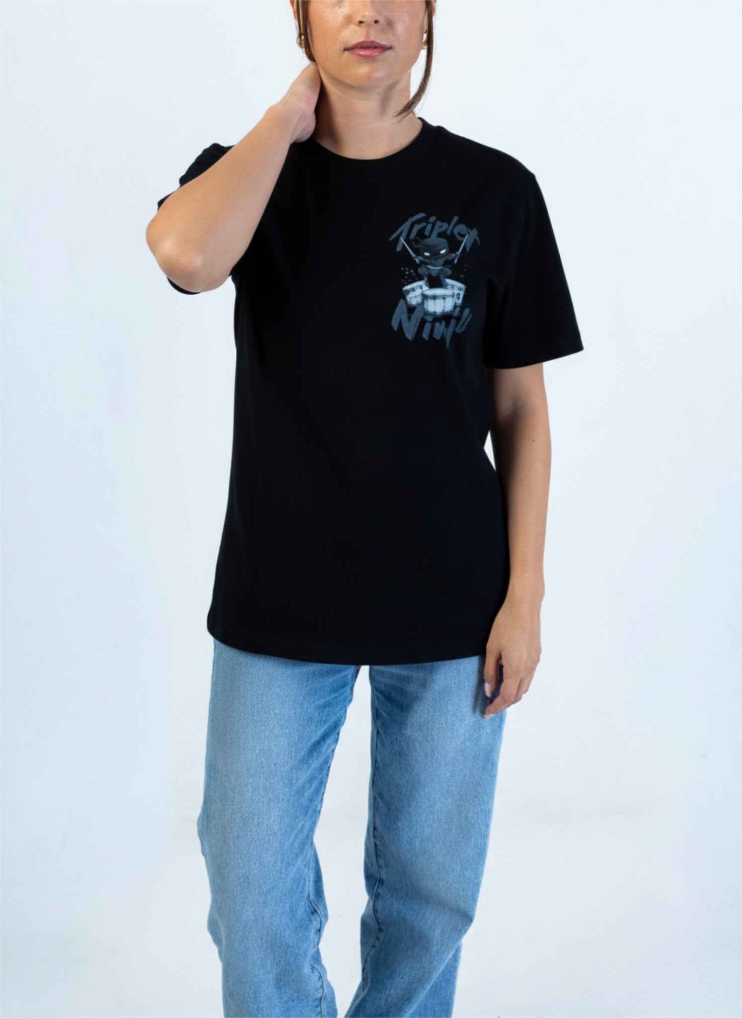 Triplet Ninja Unisex T-Shirt for Drummers - Model Front View | RVDIMENT Drummer Apparel