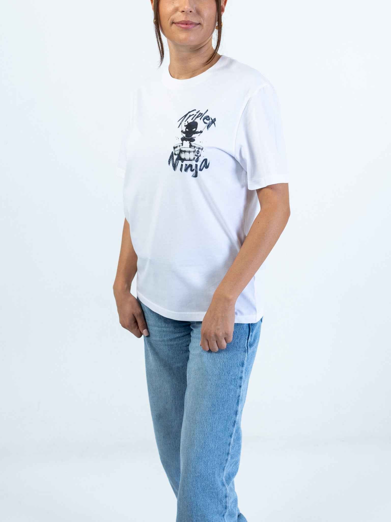 Triplet Ninja Unisex T-Shirt for Drummers - Model Side View | RVDIMENT Drummer Apparel
