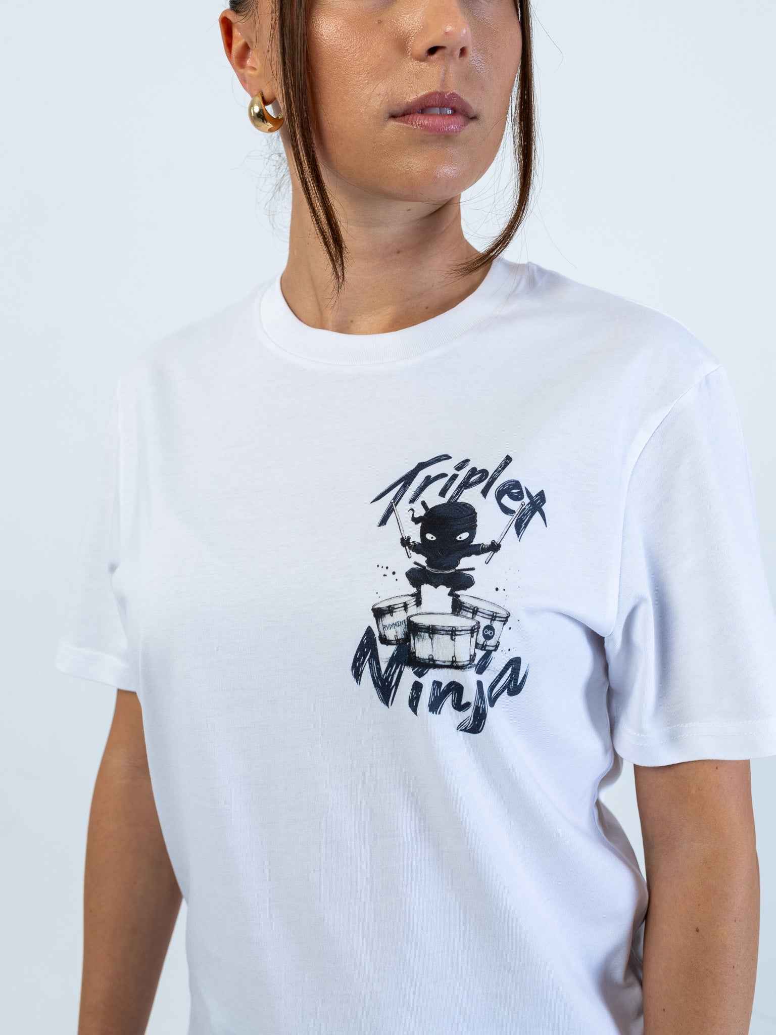 Triplet Ninja Unisex T-Shirt for Drummers - Model Front View Close-Up | RVDIMENT Drummer Apparel