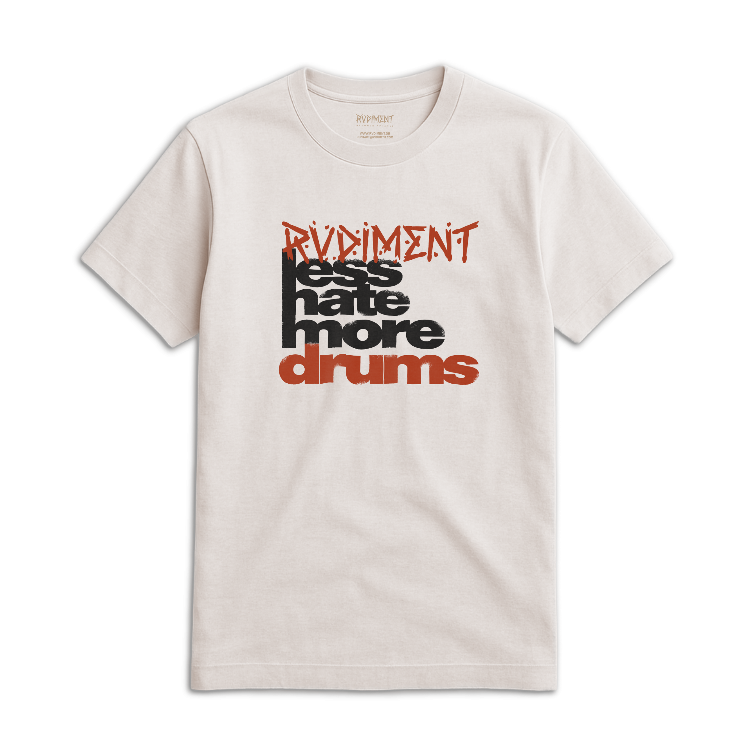 Less Hate More Drums Unisex T-Shirt für Drummer - Vorderansicht | RVDIMENT Drummer Apparel