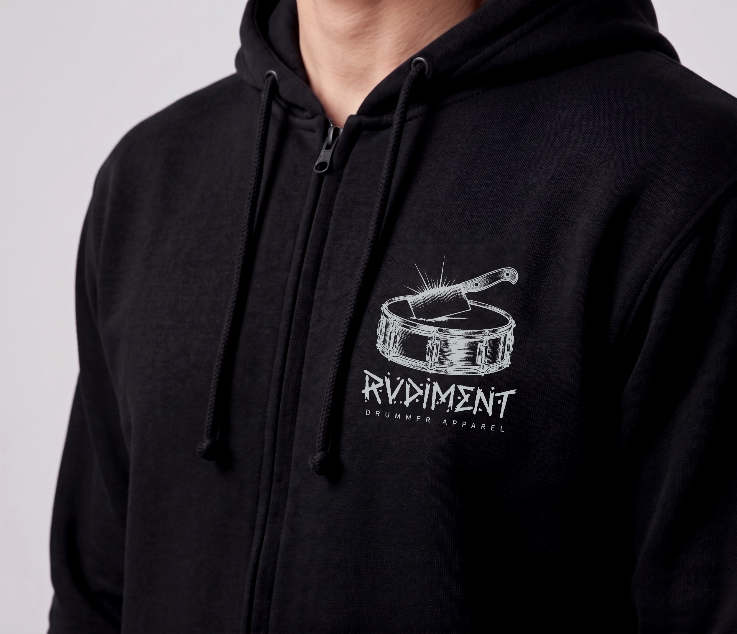 Chops Men's Zip Hoodie Black for Drummers - Model Front View Close-Up | RVDIMENT Drummer Apparel