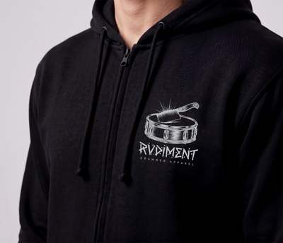 Chops Men's Zip Hoodie Black for Drummers - Model Front View Close-Up | RVDIMENT Drummer Apparel