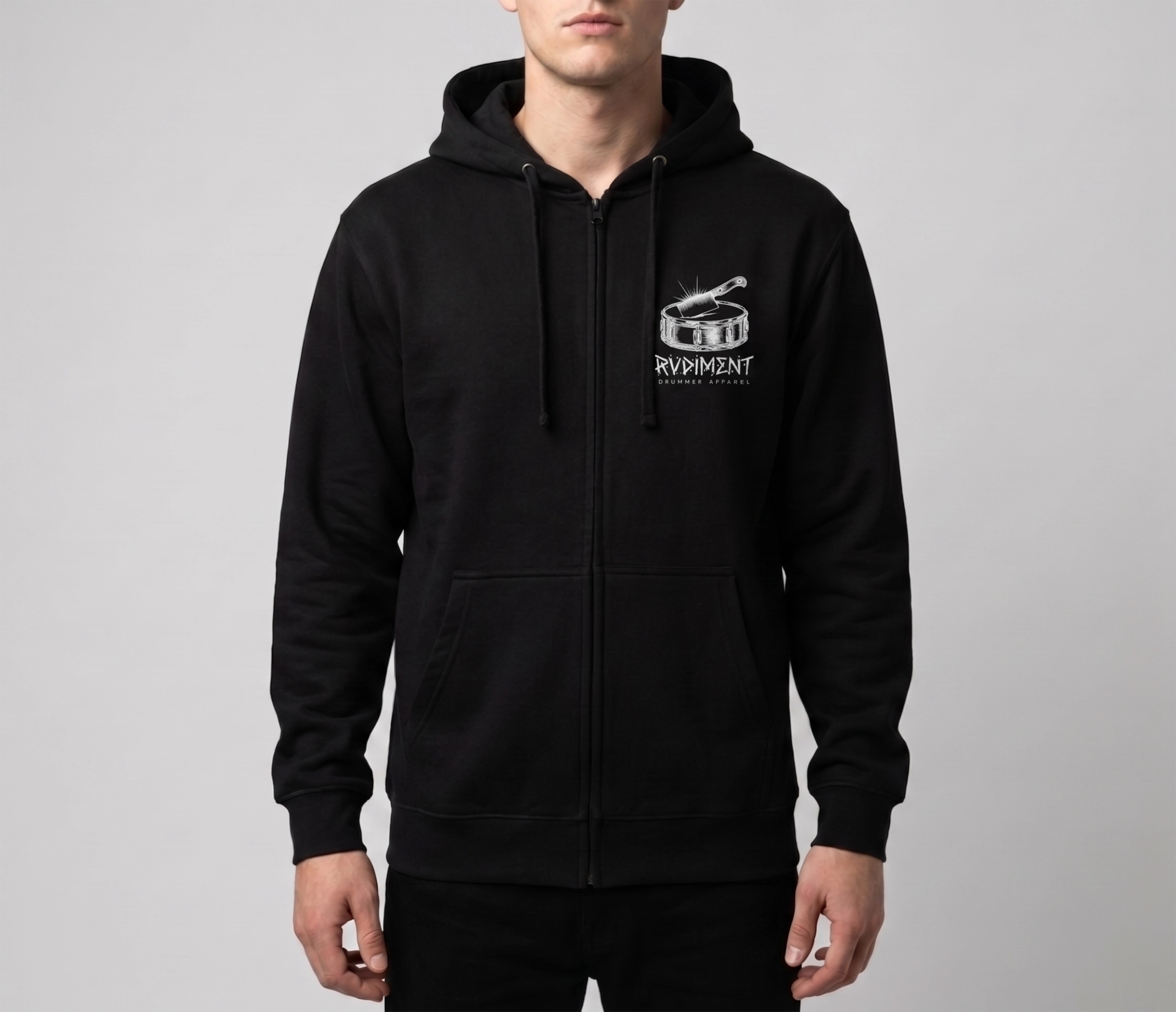 Chops Men's Zip Hoodie Black for Drummers - Model Front View | RVDIMENT Drummer Apparel