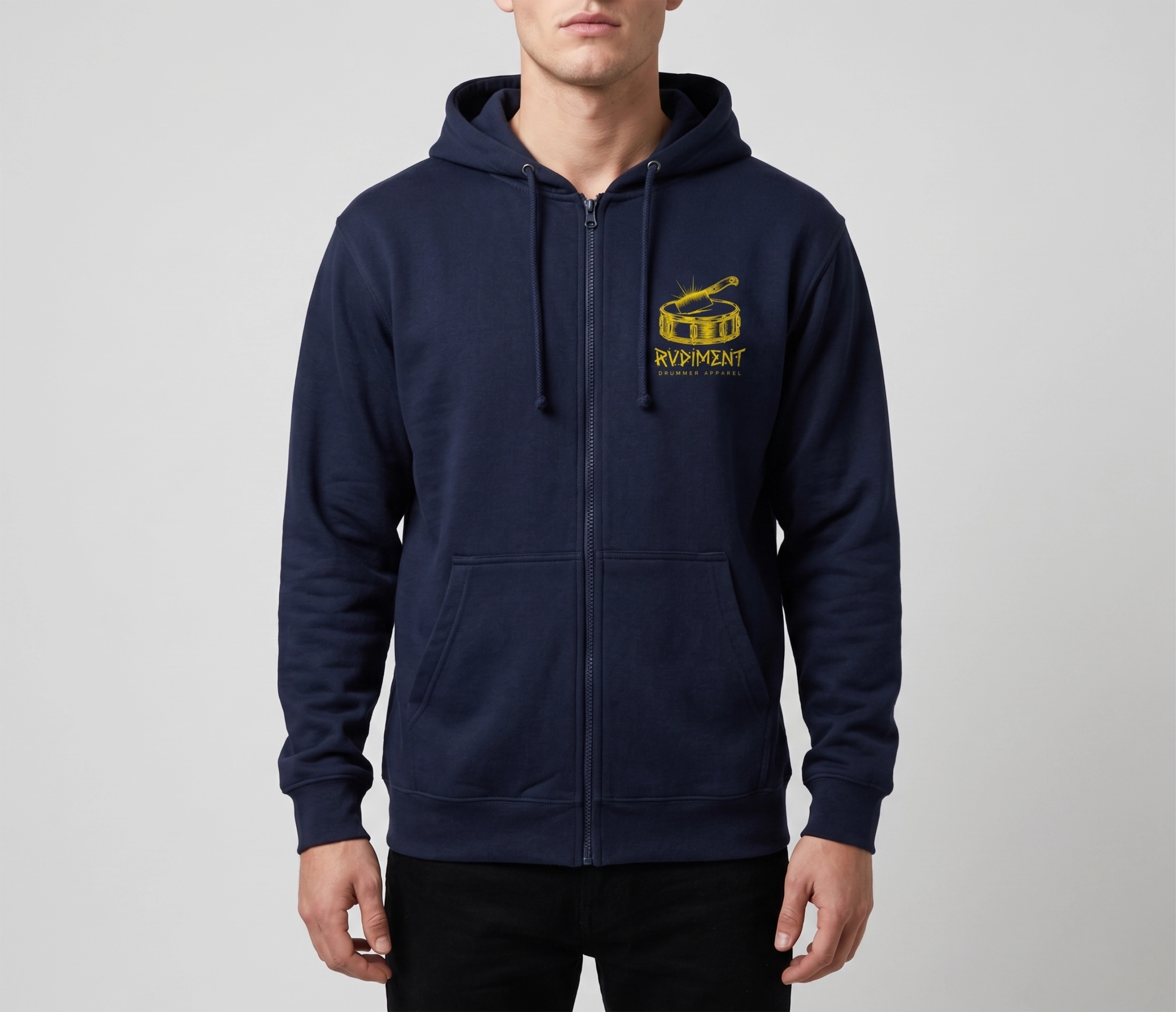 Chops Men's Zip Hoodie Blue for Drummers - Model Front View | RVDIMENT Drummer Apparel