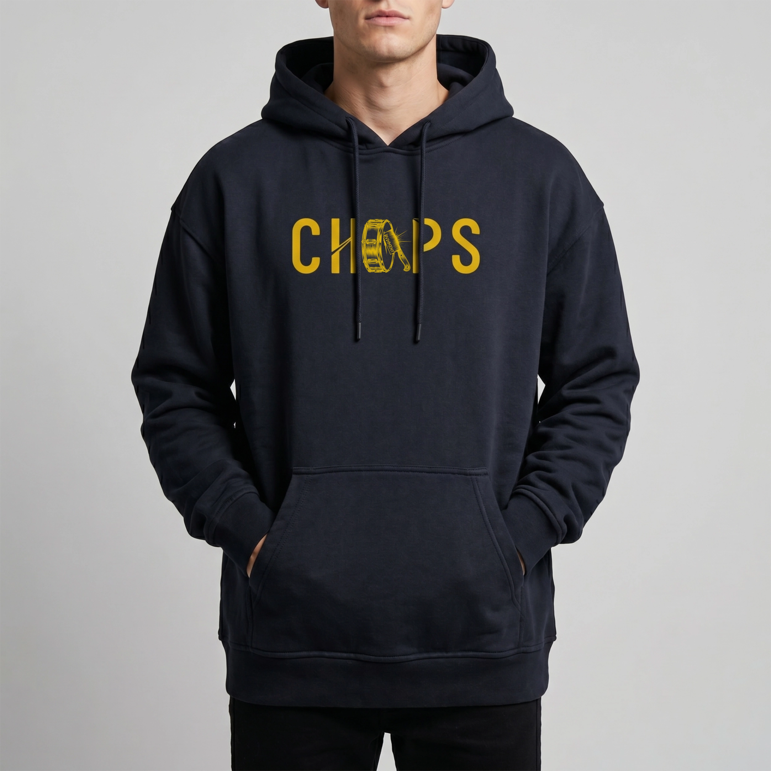 Chops Unisex Oversized Hoodie Blue for Drummers - Model Front View | RVDIMENT Drummer Apparel