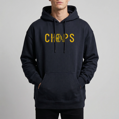 Chops Unisex Oversized Hoodie Blue for Drummers - Model Front View | RVDIMENT Drummer Apparel