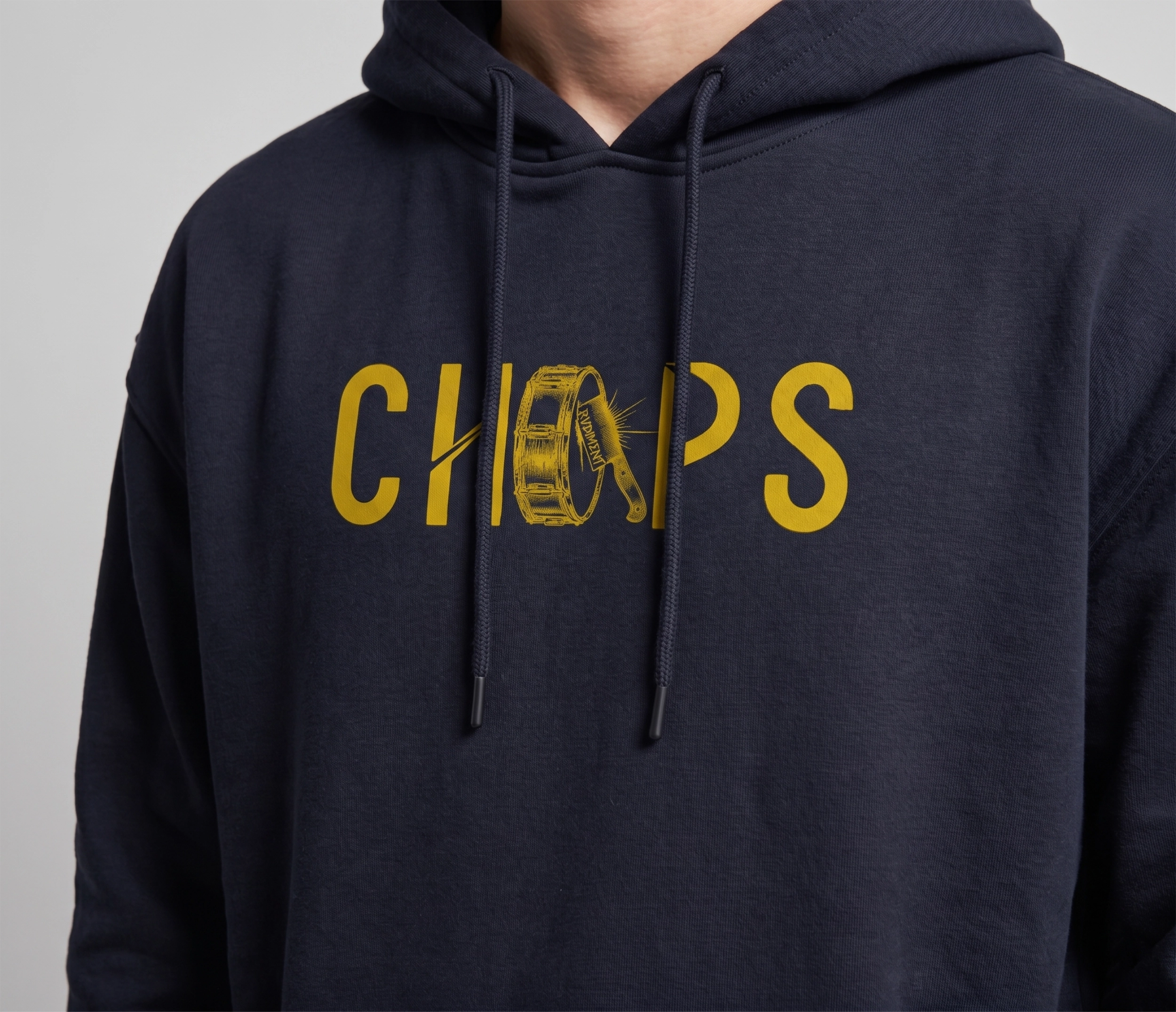 Chops Unisex Oversized Hoodie Blue for Drummers - Model Front View Close-Up | RVDIMENT Drummer Apparel