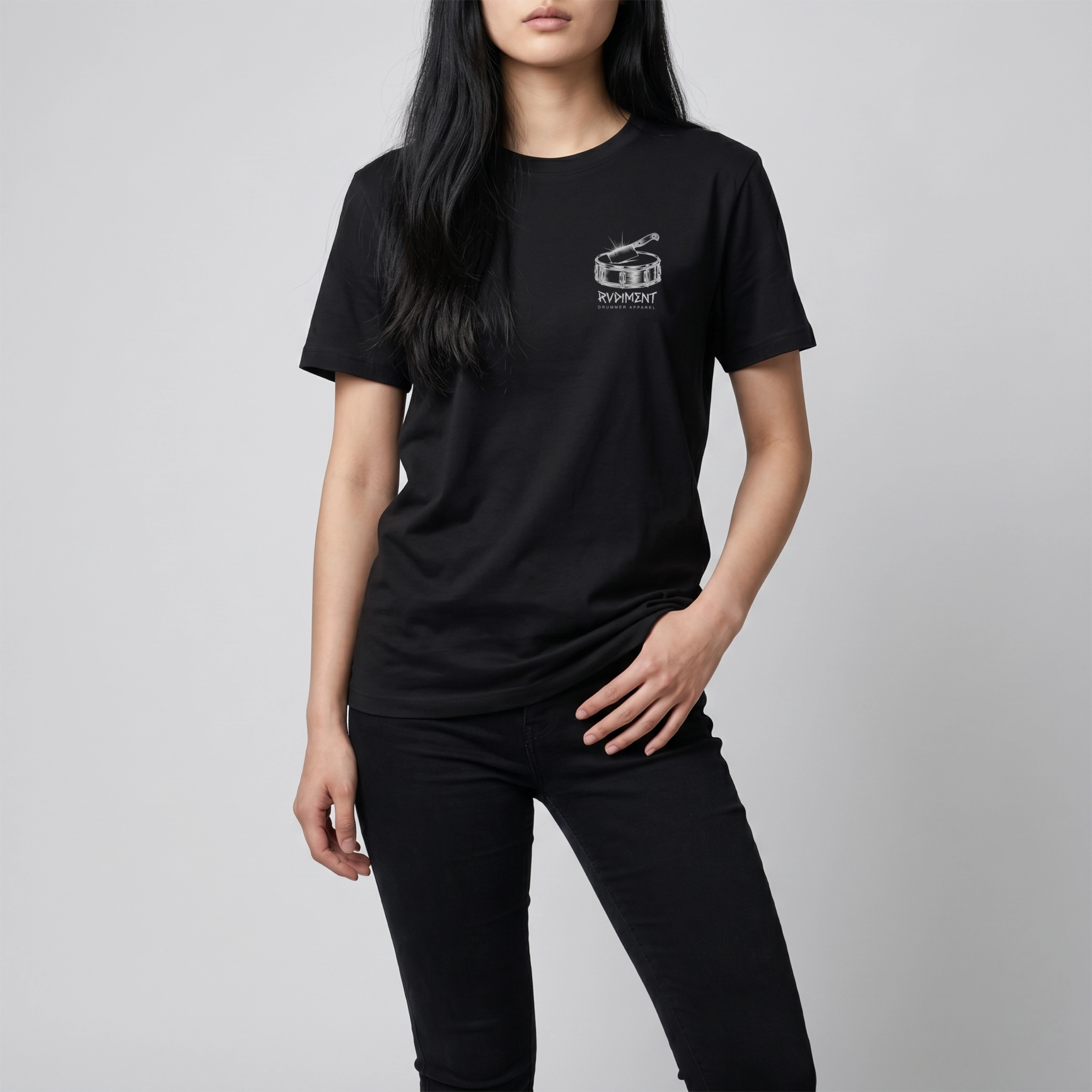 Chops Unisex T-Shirt Black for Drummers - Model Front View Close-Up | RVDIMENT Drummer Apparel