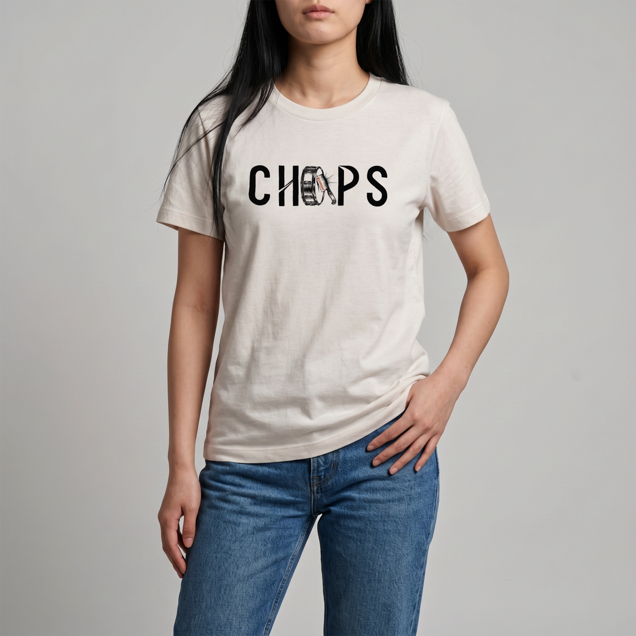 Chops Unisex T-Shirt Vintage White for Drummers - Model Front View | RVDIMENT Drummer Apparel