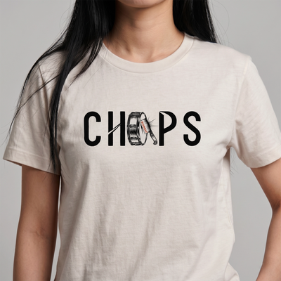 Chops Unisex T-Shirt Vintage White for Drummers - Model Front View Close-Up | RVDIMENT Drummer Apparel