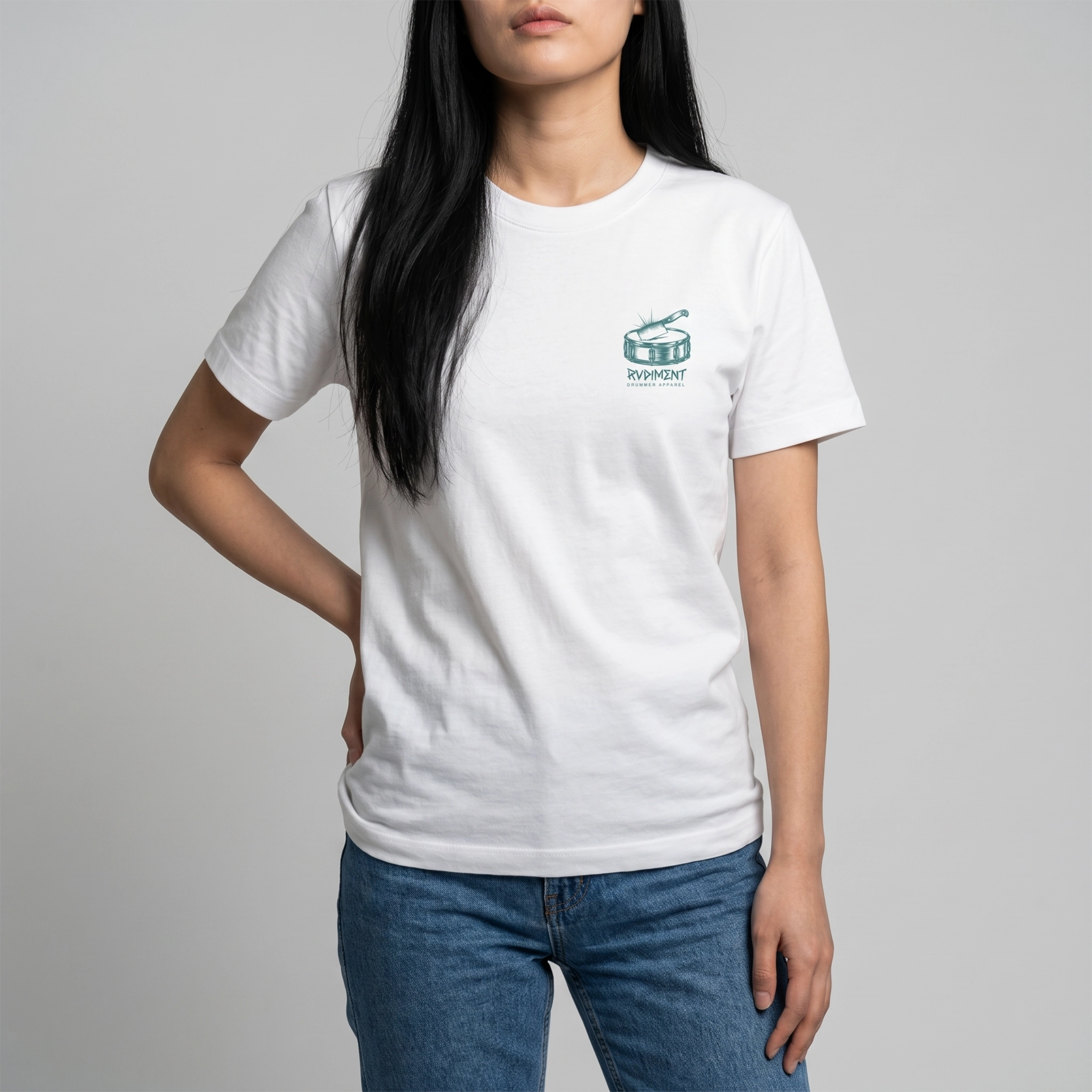 Chops Unisex T-Shirt White for Drummers - Model Front View | RVDIMENT Drummer Apparel