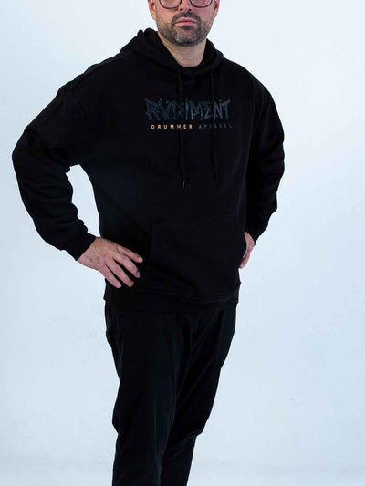 Classic Logo Hoodie for Drummers - Oversized Unisex Fit - Model Side View | RVDIMENT Drummer Apparel