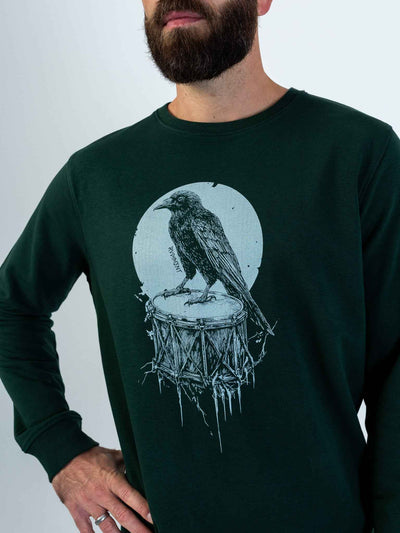 Crow Snare Drum Men's Sweatshirt for Drummers - Model Front View Close-Up | RVDIMENT Drummer Apparel