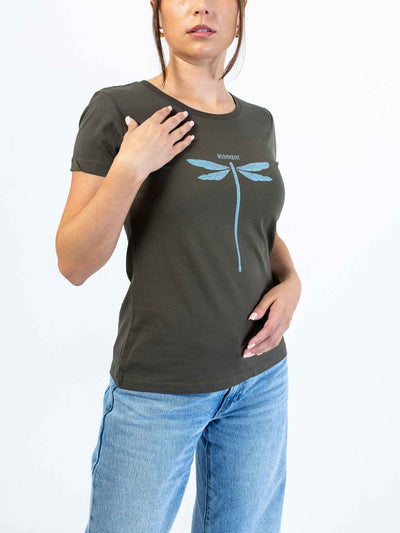 Dragonvly Drumstick Women's T-Shirt for Drummers - Model Side View | RVDIMENT Drummer Apparel