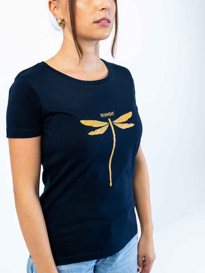 Dragonvly Drumstick Women's T-Shirt for Drummers - Model Left Side View | RVDIMENT Drummer Apparel