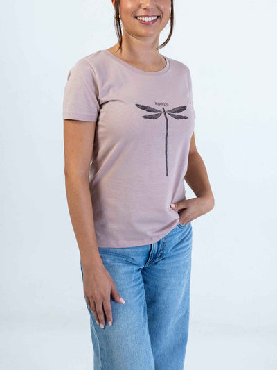 Dragonvly Drumstick Women's T-Shirt for Drummers - Model Side View | RVDIMENT Drummer Apparel