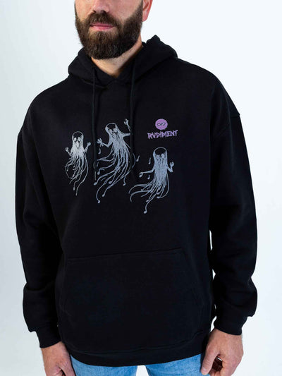 Ghost Notes Hoodie for Drummers - Oversized Unisex Fit - Model Front View Close-Up | RVDIMENT Drummer Apparel