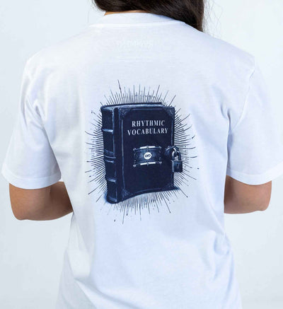 Rhythmic Vocabulary Unisex T-Shirt for Drummers - Model Back View | RVDIMENT Drummer Apparel