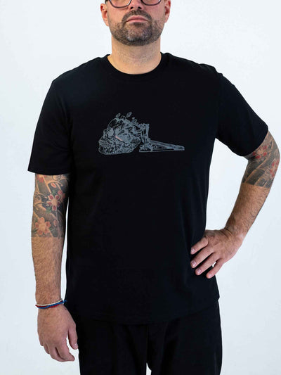 Kick Drum Skull Unisex T-Shirt for Drummers - Model Front View Close-Up | RVDIMENT Drummer Apparel